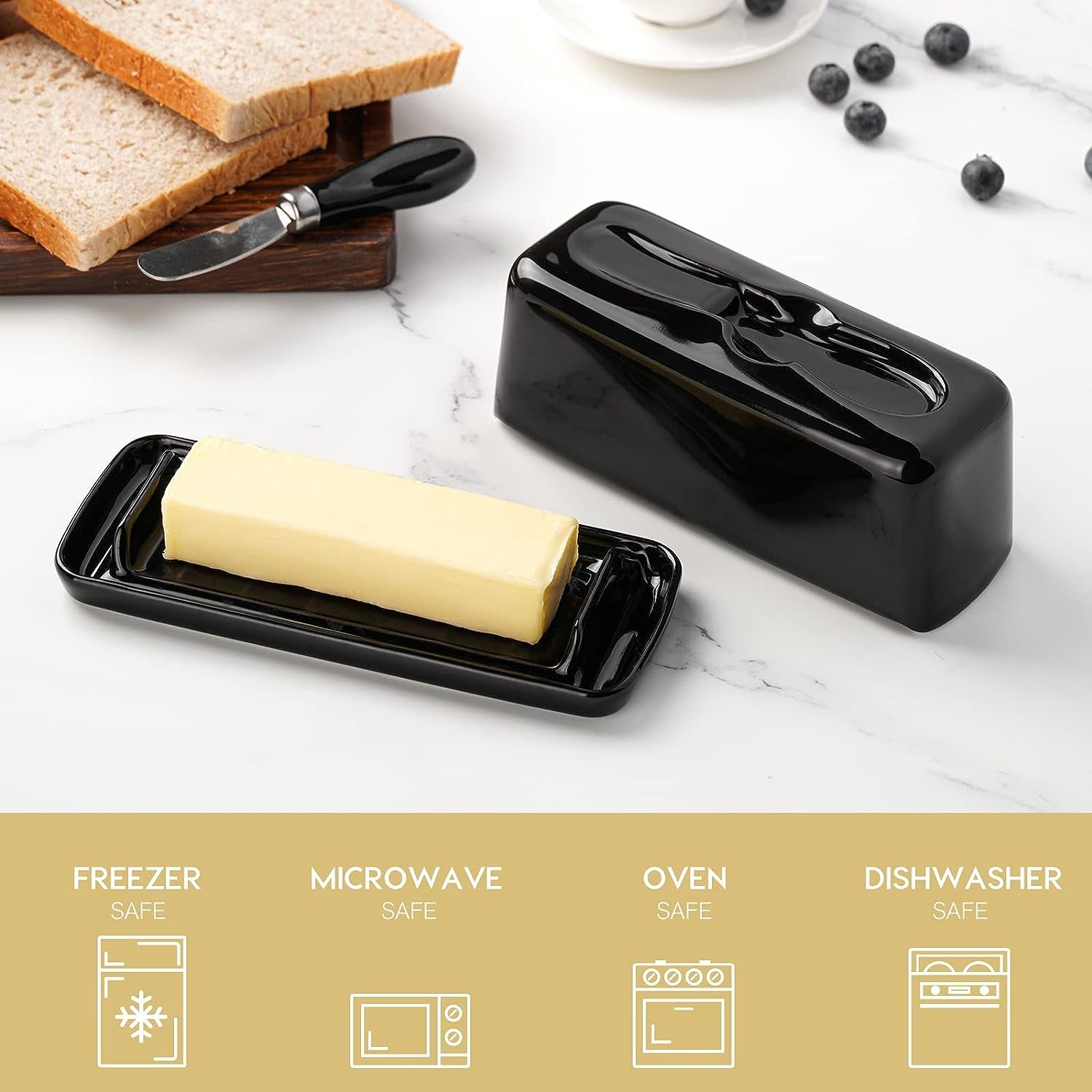 Black Porcelain Butter Dish with Lid and Knife - Includes Serving Tray with Anti-Slip Strip. This Butter Keeper is Ideal for Kitchen Decor and Fits East/West Coast Butter. It's Dishwasher Safe for Easy Cleaning.