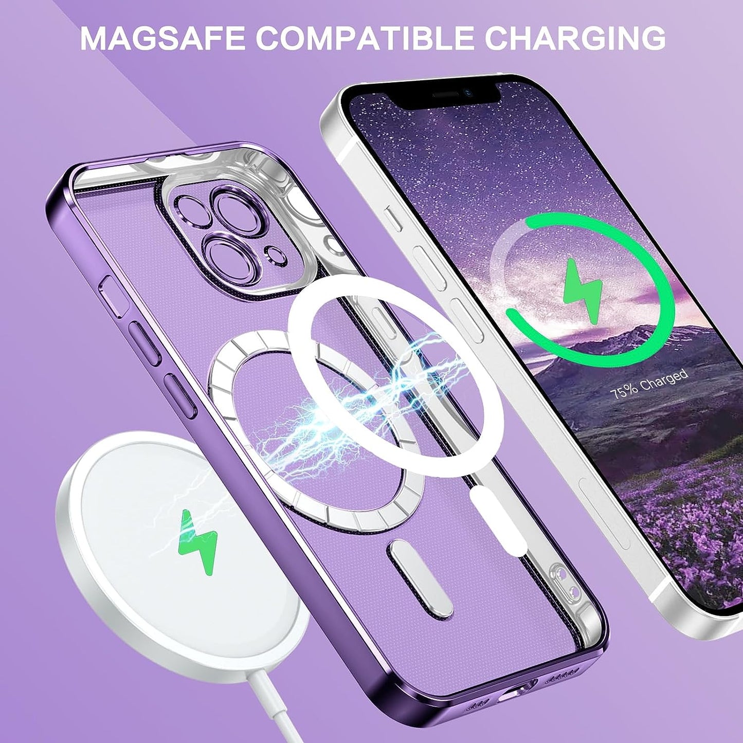 iPhone 13 Case - Cute luxury clear phone case with Magsafe support, shockproof, full-body camera protection. Designed for iPhone 13 2021, 6.1-inch. Clear purple color.