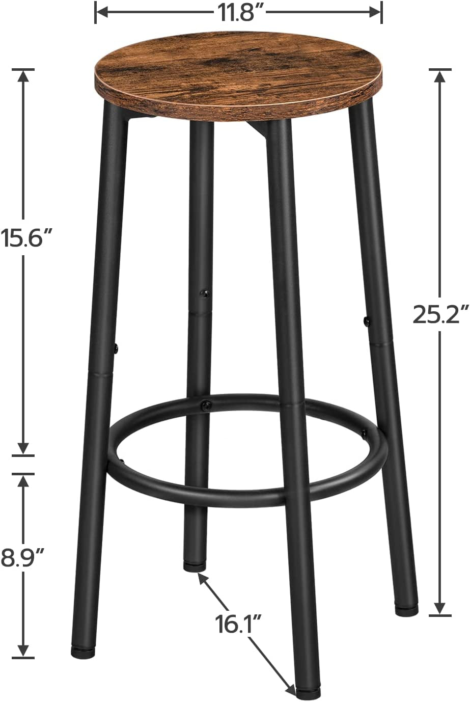 Set of 2 Industrial Bar Stools: Round Bar Chairs with Footrest, Black Steel Frame, Adjustable Feet, Ideal for Living Room, Dining Room, Kitchen - Rustic Brown with an Industrial Design 