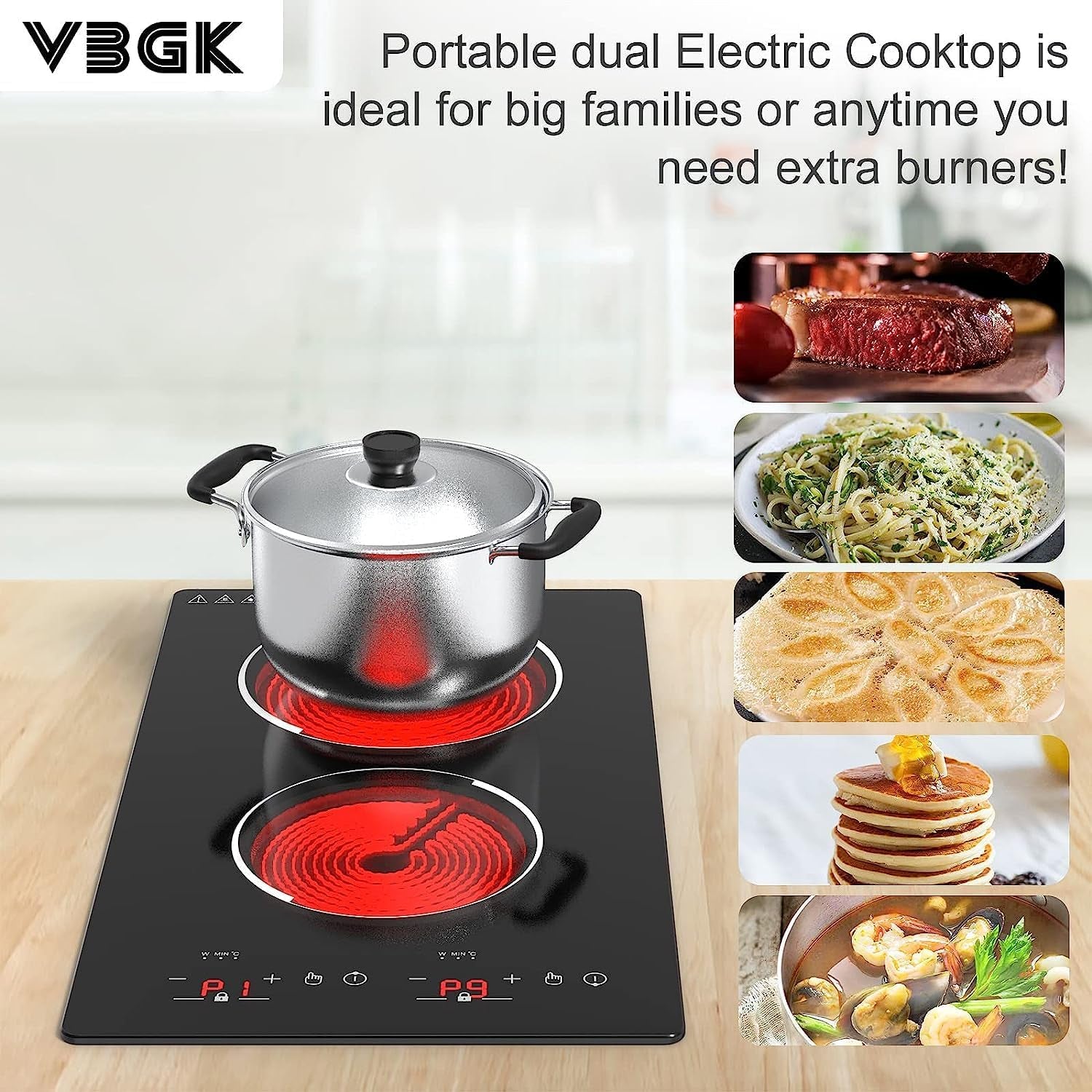 12-Inch Built-in Radiant Electric Stove Top - Electric Ceramic Cooktop with 2 Burners, 110V, 9 Heating Levels, Timer, Kid Safety Lock, and Sensor Touch Control.