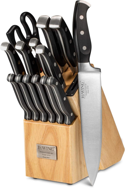 15-Piece Professional Kitchen Knife Set - Ocean Series Premium Forged Full Tang Chef Knives Set with Rubber Wood Block, Crafted from German High Carbon Stainless Steel; Black Color.