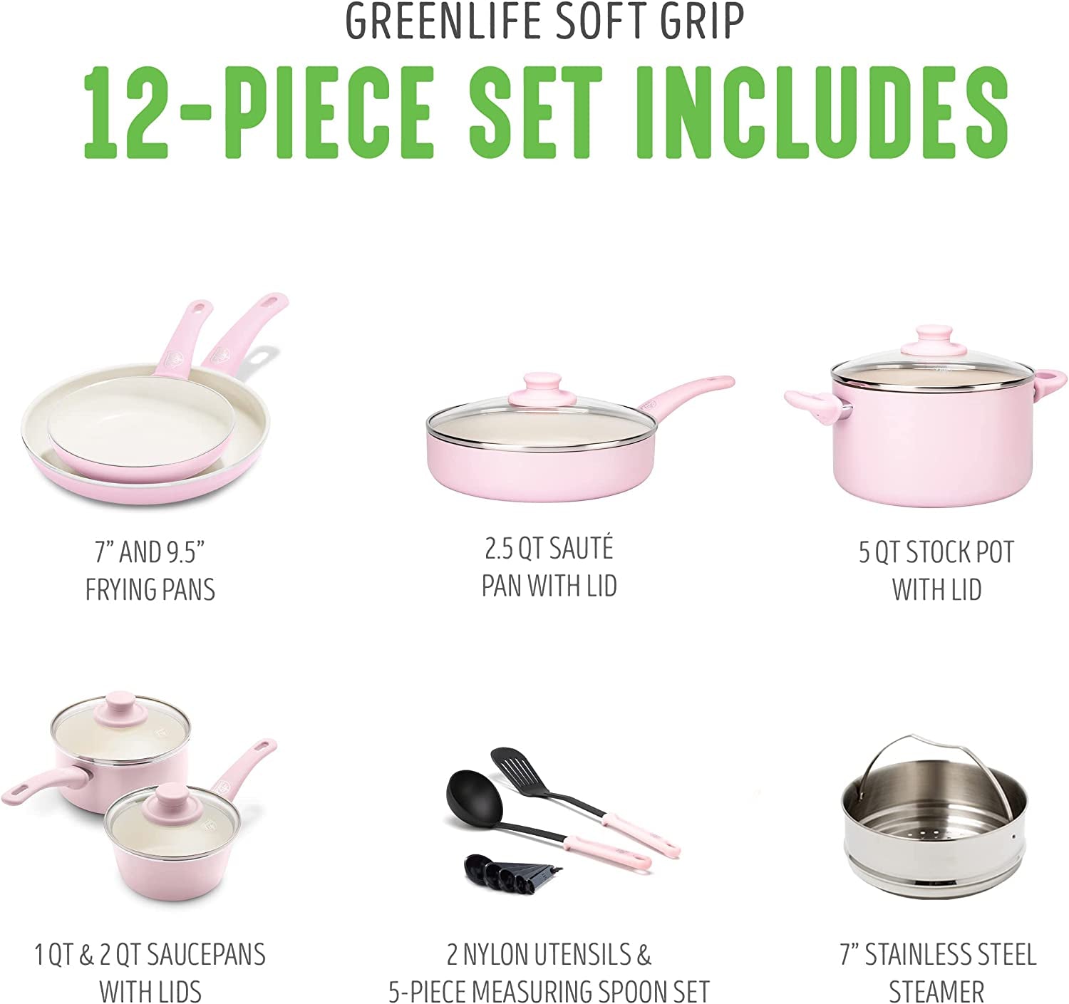 Soft Grip Ceramic Nonstick Cookware Set - 12 Piece, PFAS-Free, Dishwasher Safe, Pink