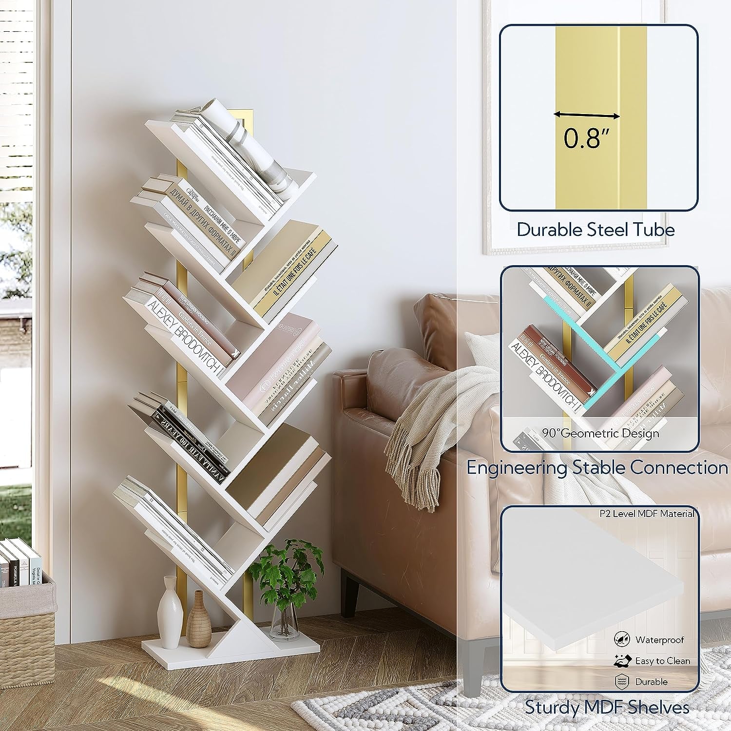 Geometric Tree Bookshelf with Steel Pipe - A Stylish Floor Standing Bookcase for Living Room, Bedroom, Home Office. Available in Gold and White.