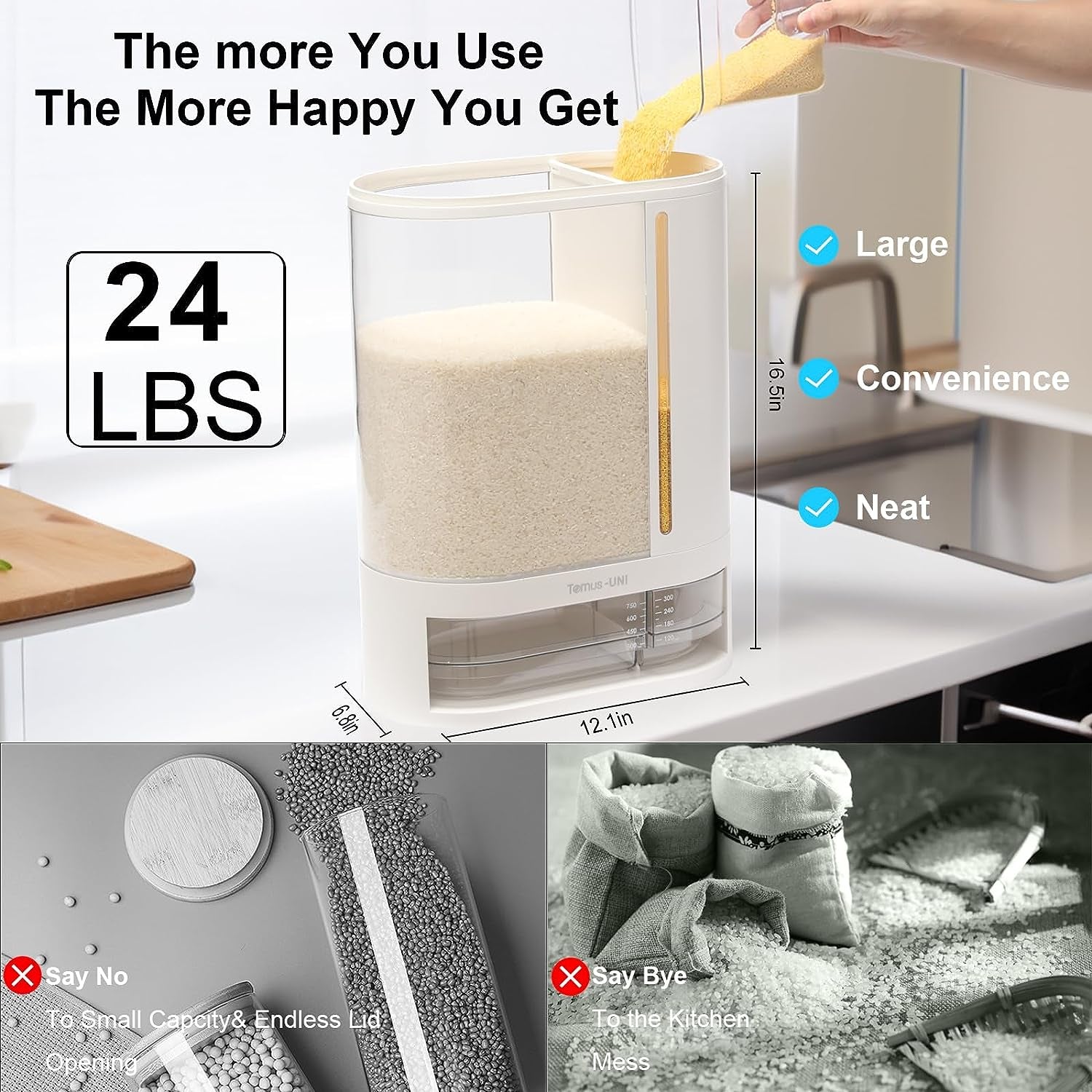 Dual Compartment Rice Dispenser: 12KG Capacity with Measuring Cup, Ideal for Storing Rice, Beans, Grains, and Small Dry Foods, Featuring Separate 8KG and 3KG Compartments