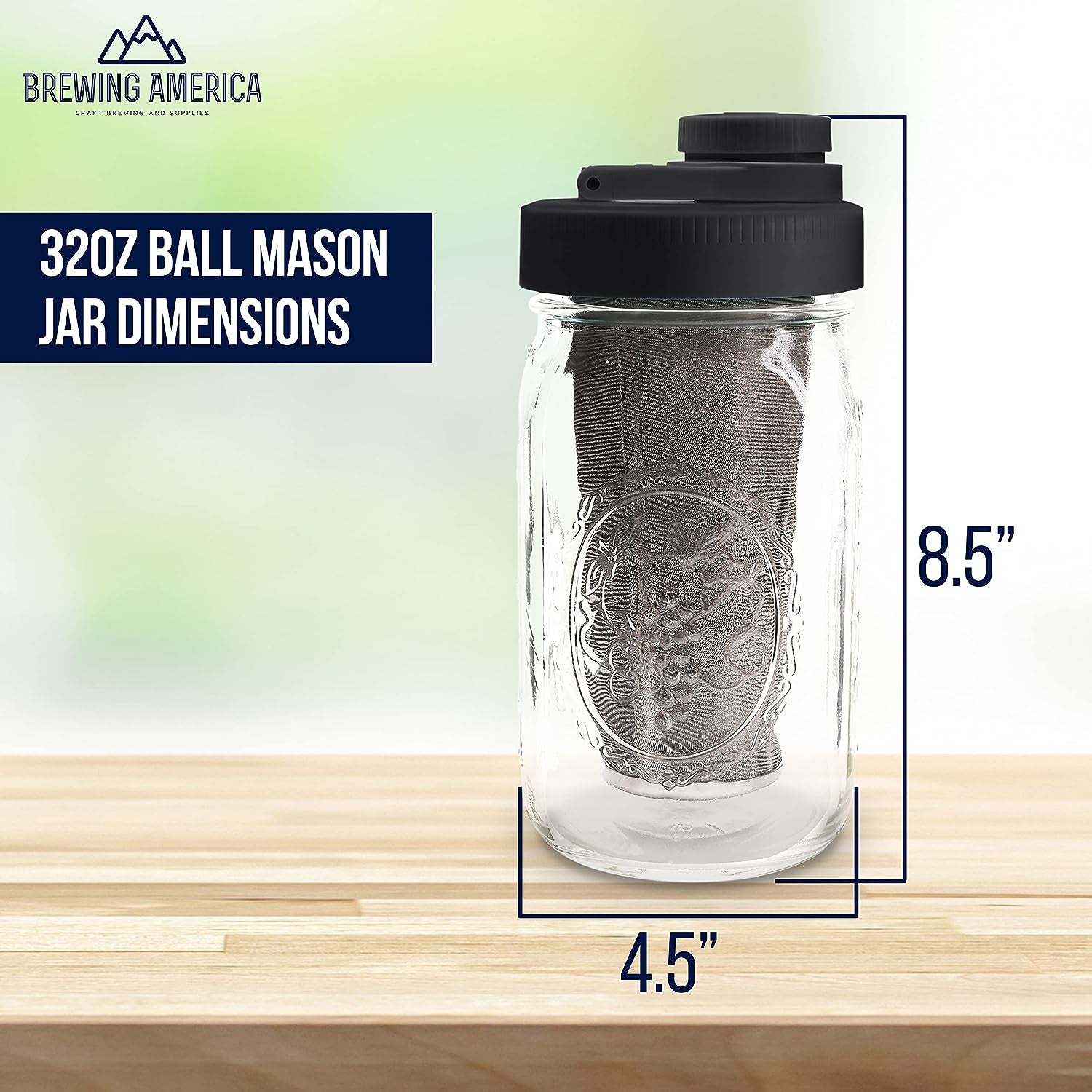 Cold Brew Coffee Maker Kit - Includes Wide Mouth Mason Jar with Screw Top Teal Lid - Equipped with Stainless Steel Filter - Ideal for Brewing Delicious Coffee, Infused Tea, Alcohol, and More - 1 Quart (32 oz) Capacity - Features a Black Lid.
