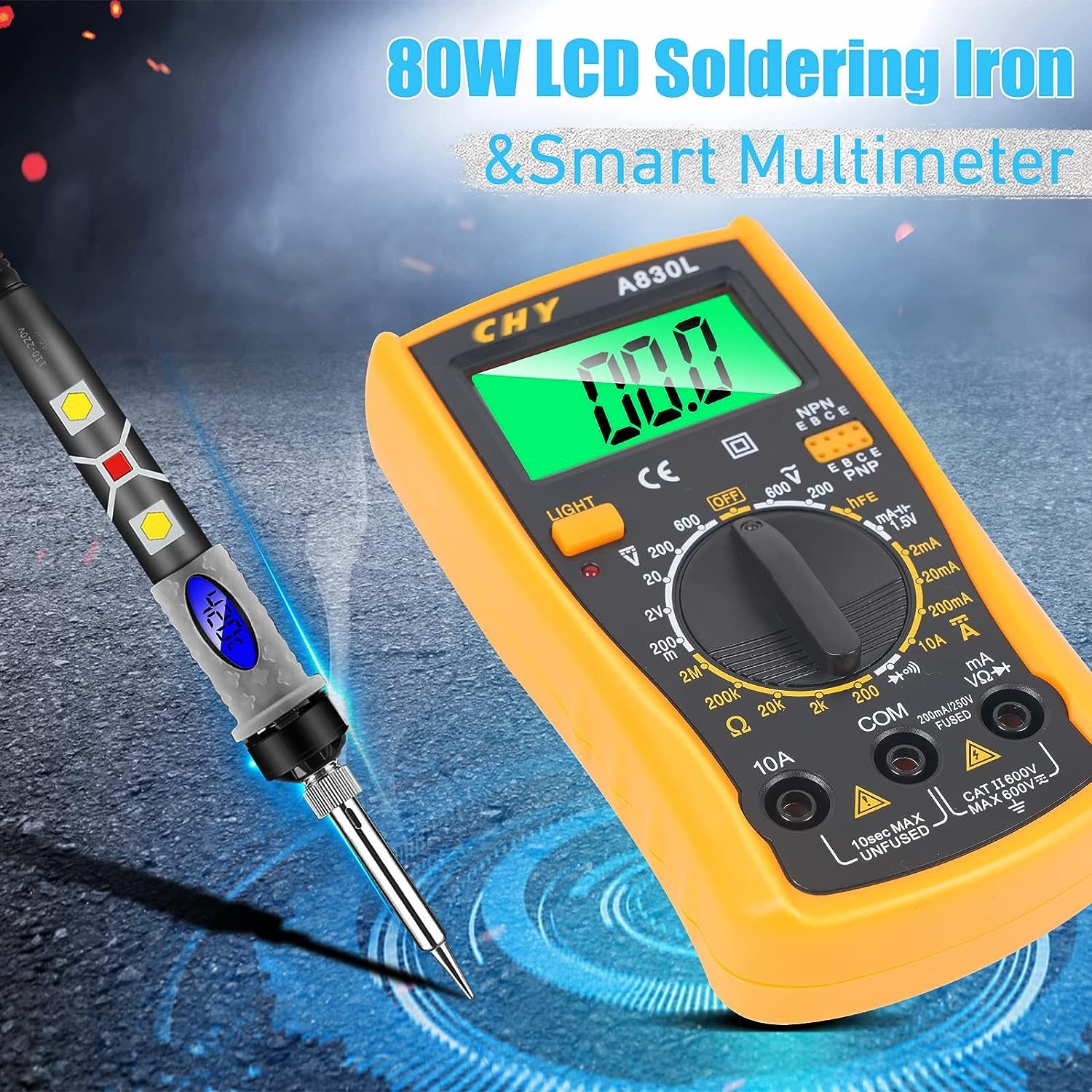 Digital Multimeter Soldering Iron Kit: 80W LCD Welding Tool with ON/Off Switch and Adjustable Temperature Knob (200-450℃) for Electronics Repair