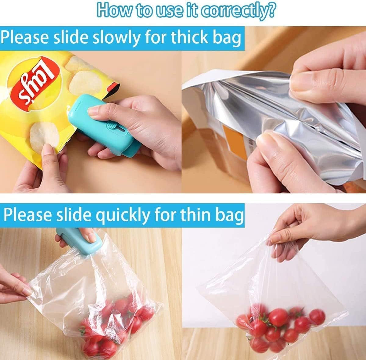 Blue Mini Portable Bag Sealer: Handheld Heat Sealer for Quick Sealing of Food Storage Snack Fresh Bags. Please note that batteries are not included.