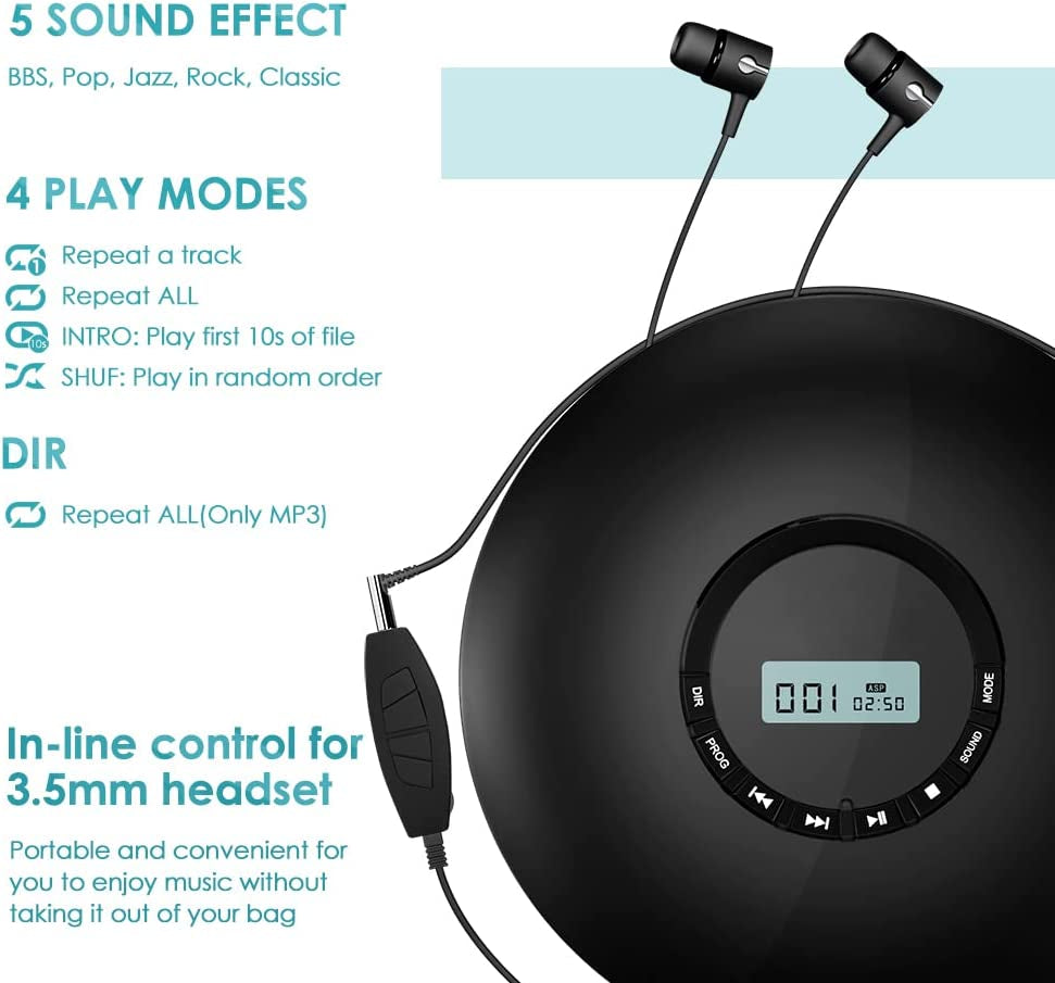 Portable Rechargeable CD Player - Gueray CD Walkman with 1400mAh Battery, Headphones Jack, and LCD Display. Comes with a USB Supply for CD Music Disc Playback.