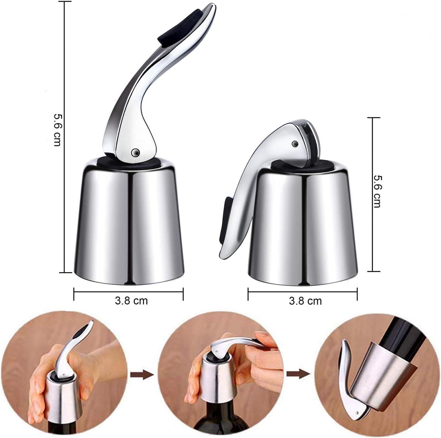 Set of 3 Reusable Stainless Steel Wine Stoppers - Vacuum Sealer to Preserve Wine and Champagne Freshness - 1.6 x 3.7 inches