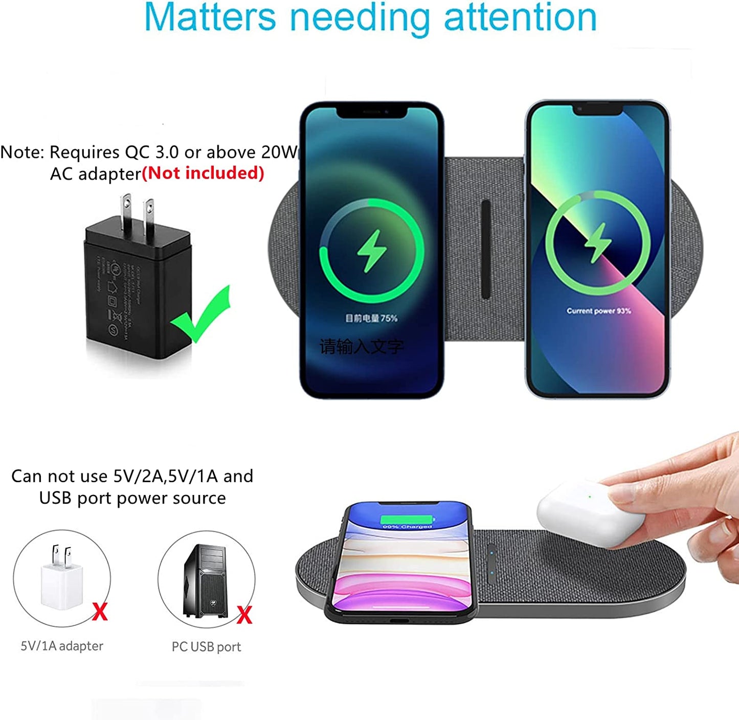 Dual 20W Wireless Charging Pad: 2 in 1 Fast Wireless Charging Mat for iPhone 14, 13, 12, 11/Pro/Plus/Mini/SE/X/Xs and Apple AirPods 3/2/Pro. Also, a 15W Wireless Charger Station for Samsung Galaxy/Note/Galaxy Buds.