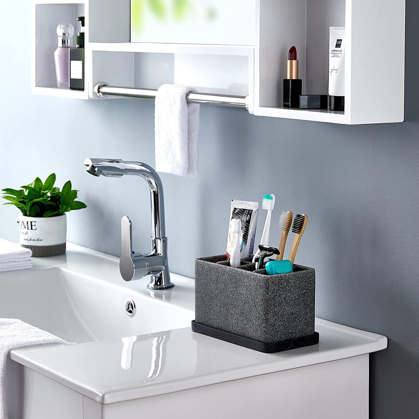 Toothbrush and Bathroom Essentials Organizer - Countertop Storage Caddy for Electric Toothbrushes, Toothpaste, Makeup Brushes, and More
