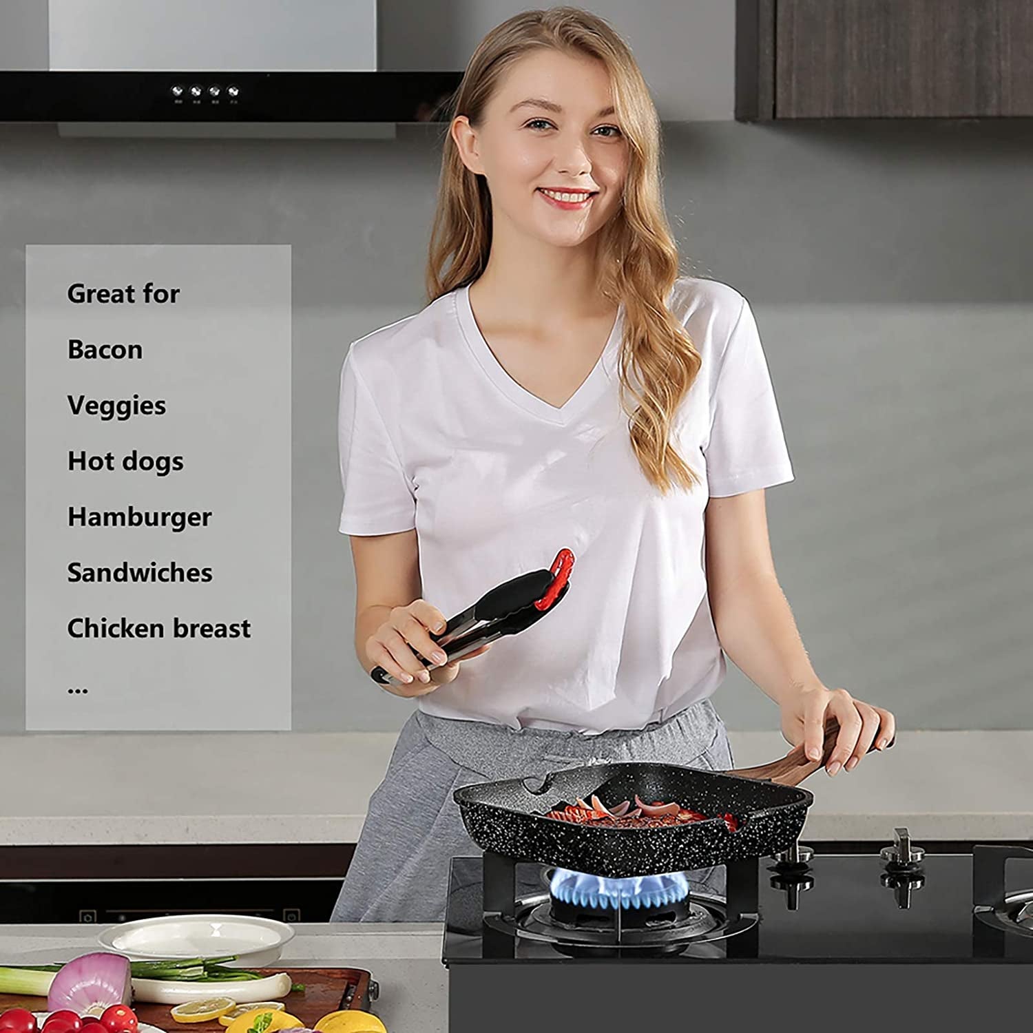 9.5 Inch Nonstick Grill Pan with Lid for Stove Tops, Induction Compatible, PFOA & PTFEs Free