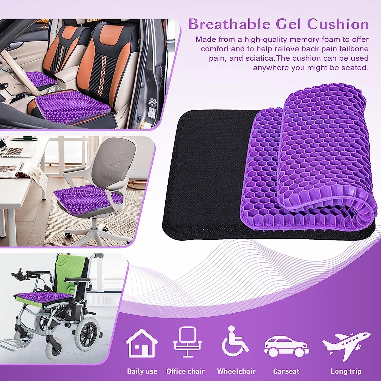 Durable Gel Seat Cushion for Office Chair and Car Seat - Provides Lower Back, Tailbone, Spine, and Hip Support - Enhances Circulation and Promotes Proper Sitting Posture