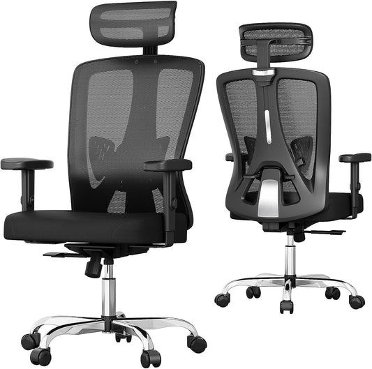 Ergonomic Office Chair - A Home Office Desk Chair with Lumbar Support, Adjustable Headrest, High Back, Mesh Design, Thickened Cushion, and 90°-145° Tilt Function, All in a Sleek Black Finish.