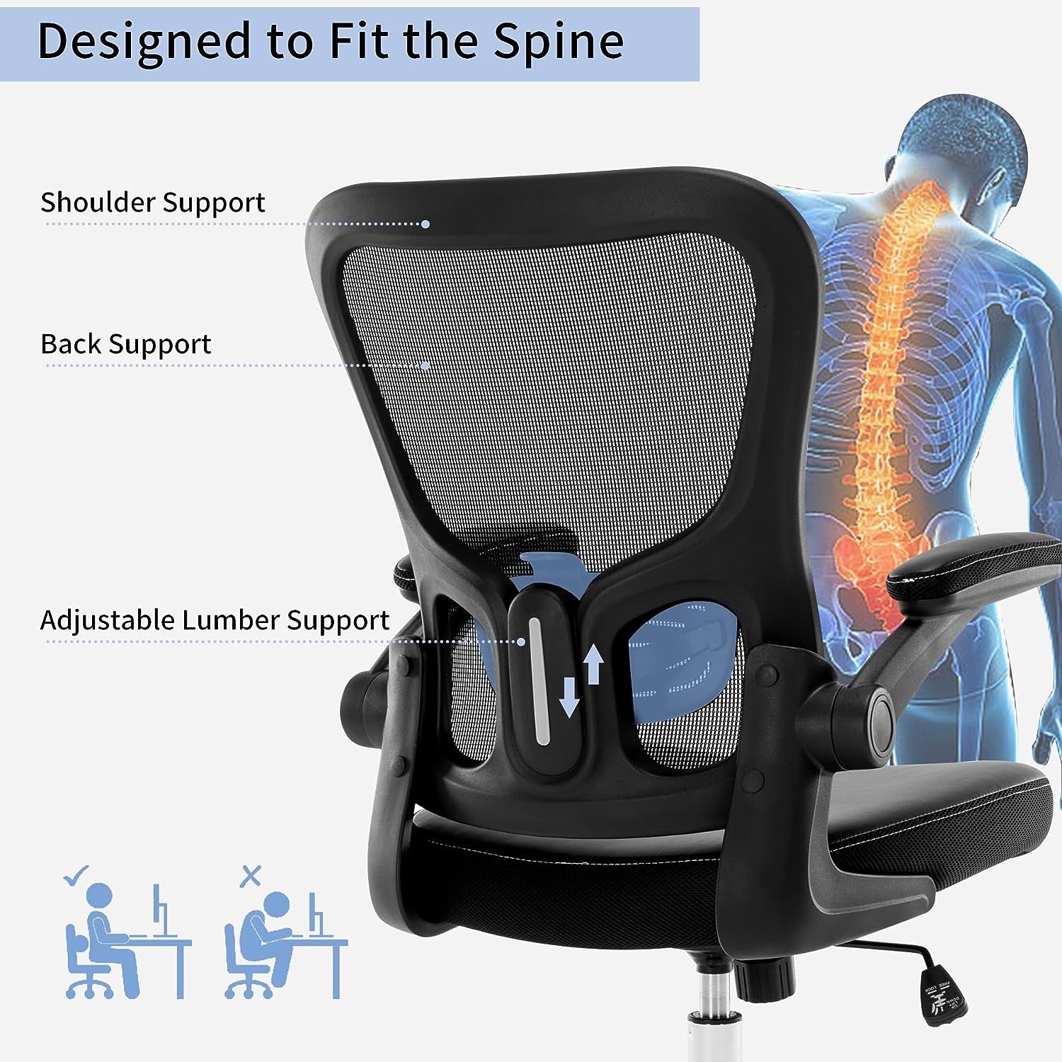 Ergonomic Office Chair - Mesh Mid-Back Design - Features Flip-Up Armrests - Adjustable Height - Equipped with PU Cushion - Suitable for Home and Computer Use - Color: Black.