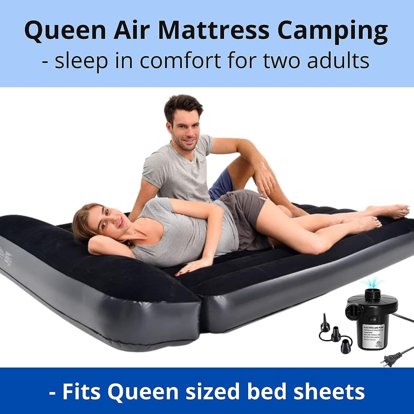 Queen Size Blow-Up Mattress with Deluxe Pillow - 13" Deep, Perfect for Camping and Outdoor Adventures.