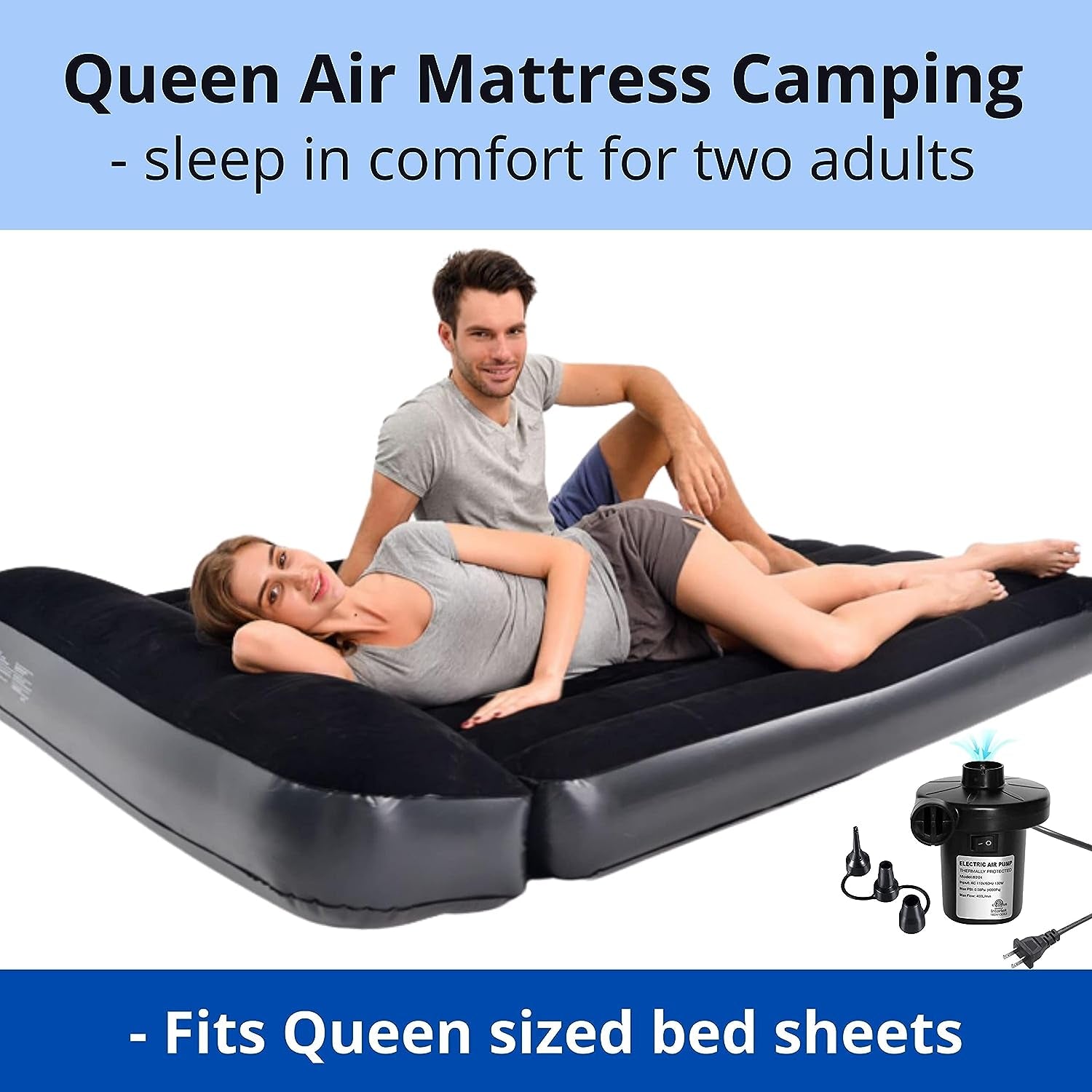 Queen Size Blow-Up Mattress with Deluxe Pillow - 13" Deep, Perfect for Camping and Outdoor Adventures.