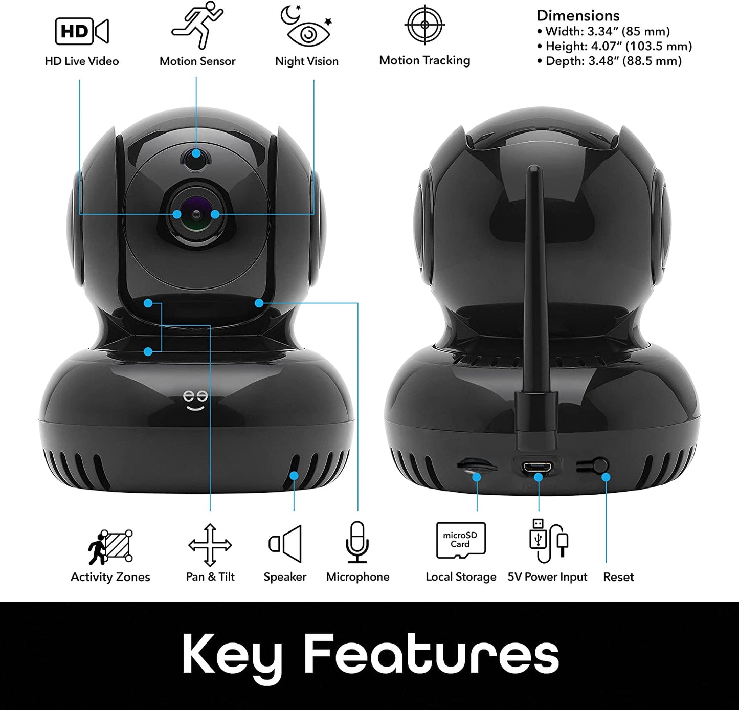 Black Wireless Indoor Surveillance Camera with Auto Tracking Alerts, Motion Zones, Pan/Tilt/Zoom, 2-Way Talk, Night Vision, Works with Alexa and Google Home, 1080P