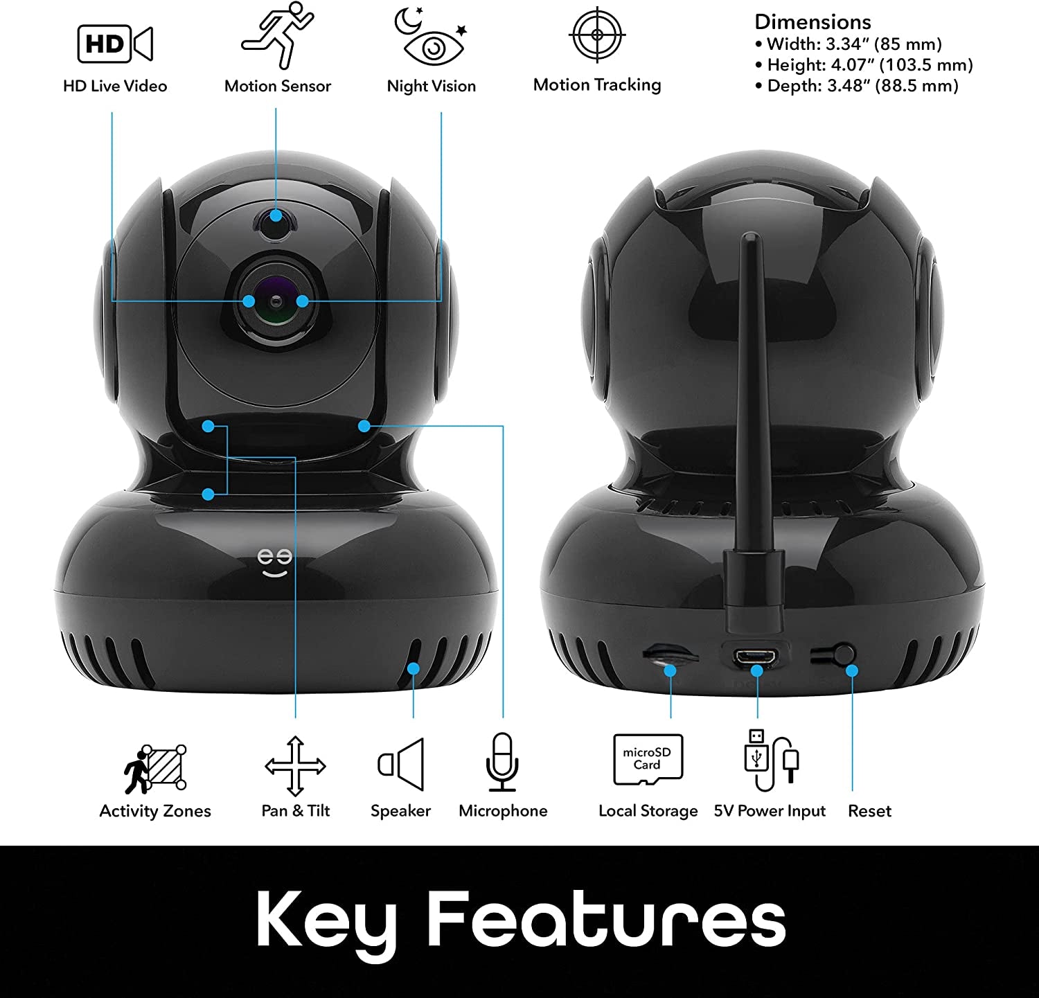 Black Wireless Indoor Surveillance Camera with Auto Tracking Alerts, Motion Zones, Pan/Tilt/Zoom, 2-Way Talk, Night Vision, Works with Alexa and Google Home, 1080P