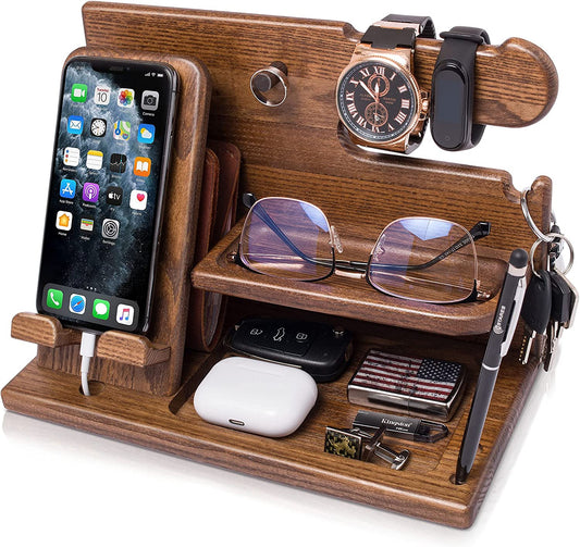 Wooden Phone Docking Station with Key Holder, Wallet Stand, and Nightstand Desk Organizer - Ideal Gifts for Dad, Him, Birthday, Anniversary, Christmas, and More in a Beige Color