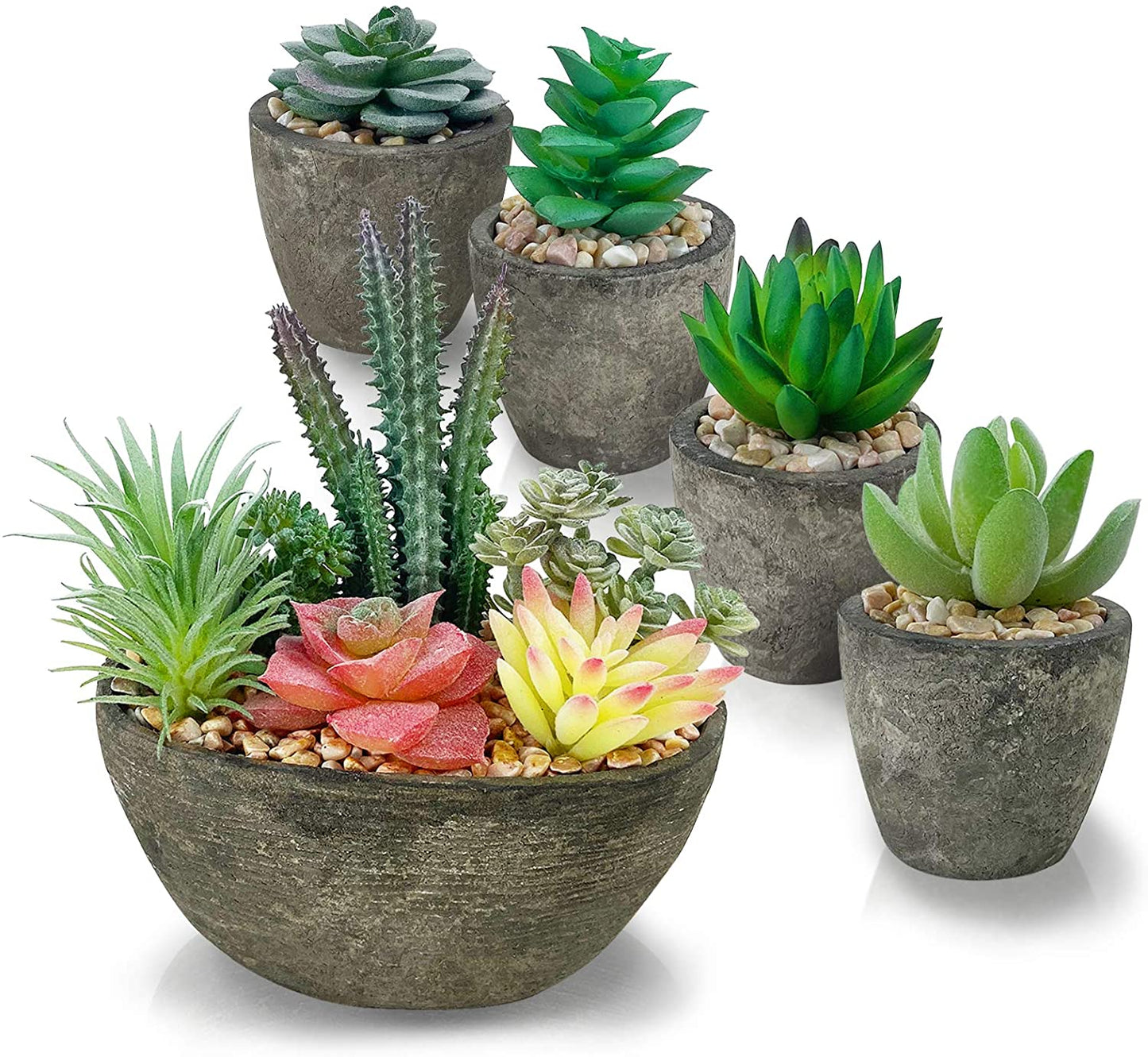 Set of 5 Artificial Succulent Plants with Realistic Appearance and Cement-like Pots for Elegant Home and Office Decoration