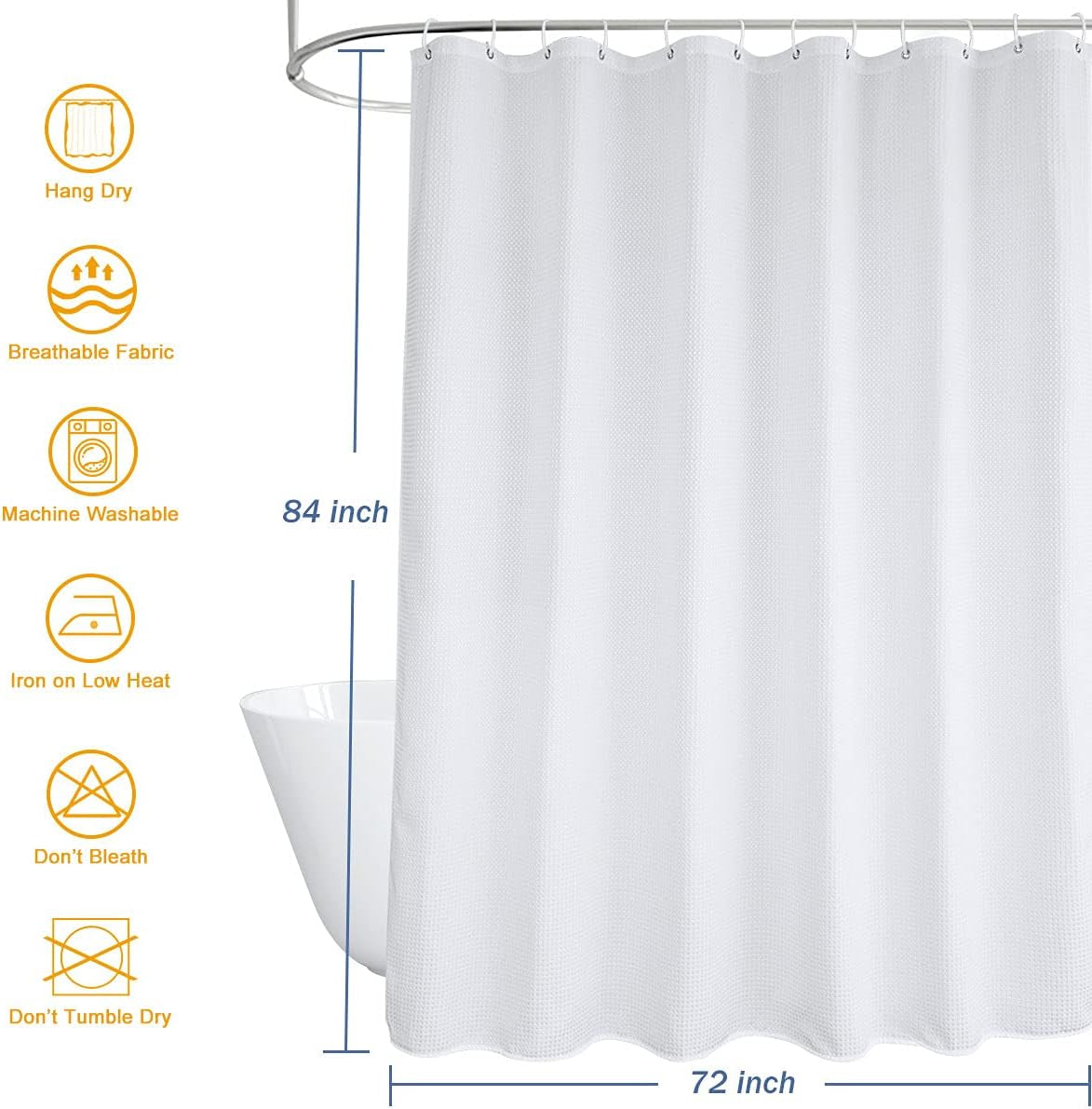 White Waffle Weave Extra Long Fabric Shower Curtain - 72" x 84" - Water Repellent, Hotel Quality, Washable Decorative Bathroom Curtain for Showers & Bathtubs