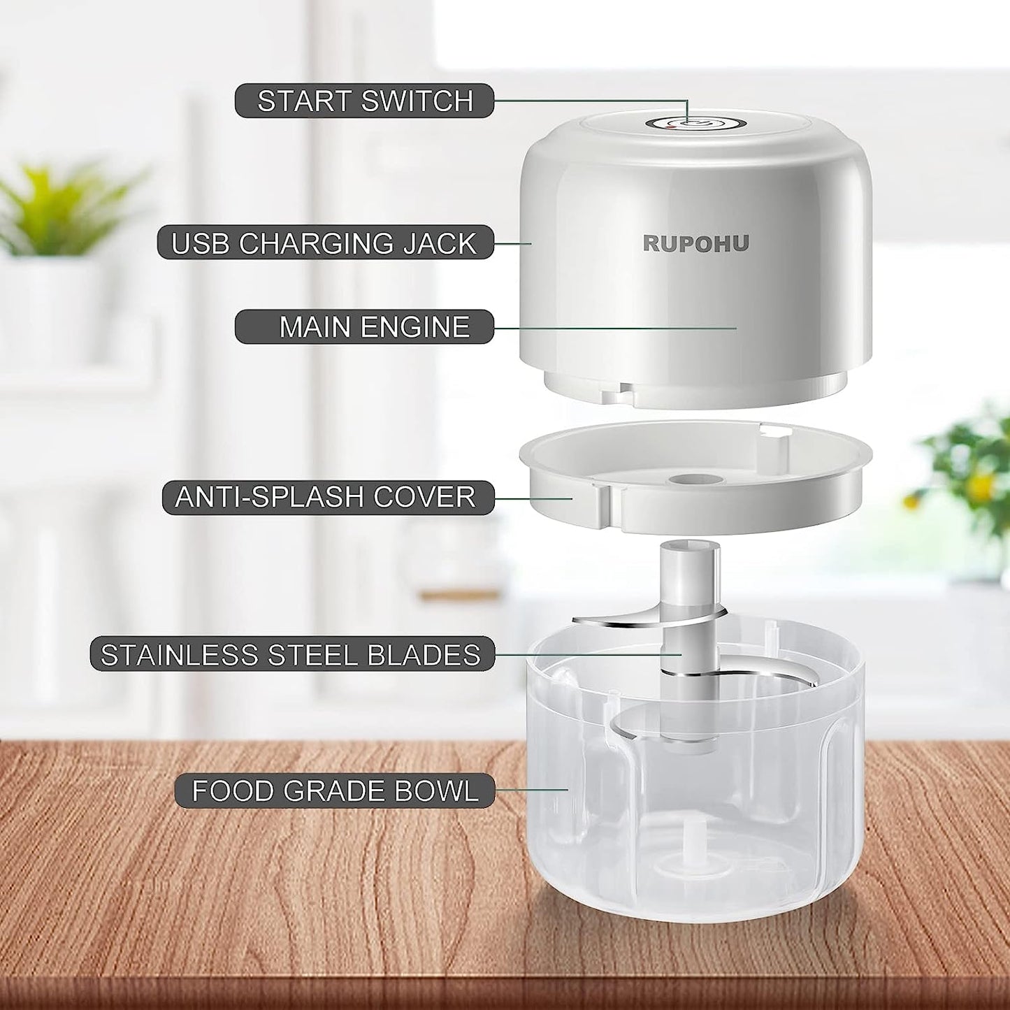 White Electric Garlic Chopper: Mini Portable Veggie Chopper with a 250ML+100ML capacity, suitable for grinding and mashing garlic, onions, ginger, chili, fruit, meat, and more. It's a wireless food processor ideal for various kitchen tasks.