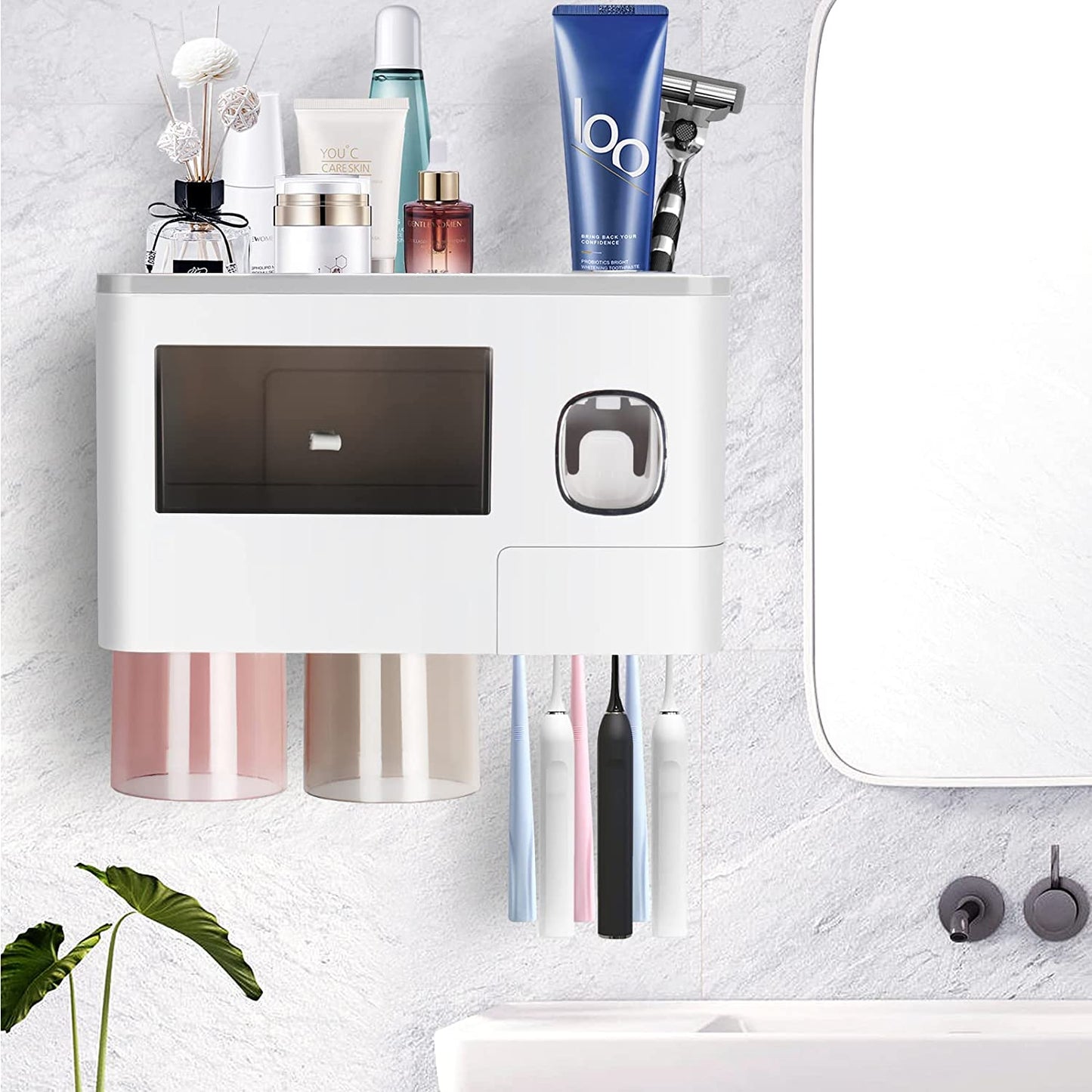 Wall-Mounted Toothbrush Holder with Automatic Toothpaste Dispenser, 2 Cups, and 1 Cosmetic Drawer