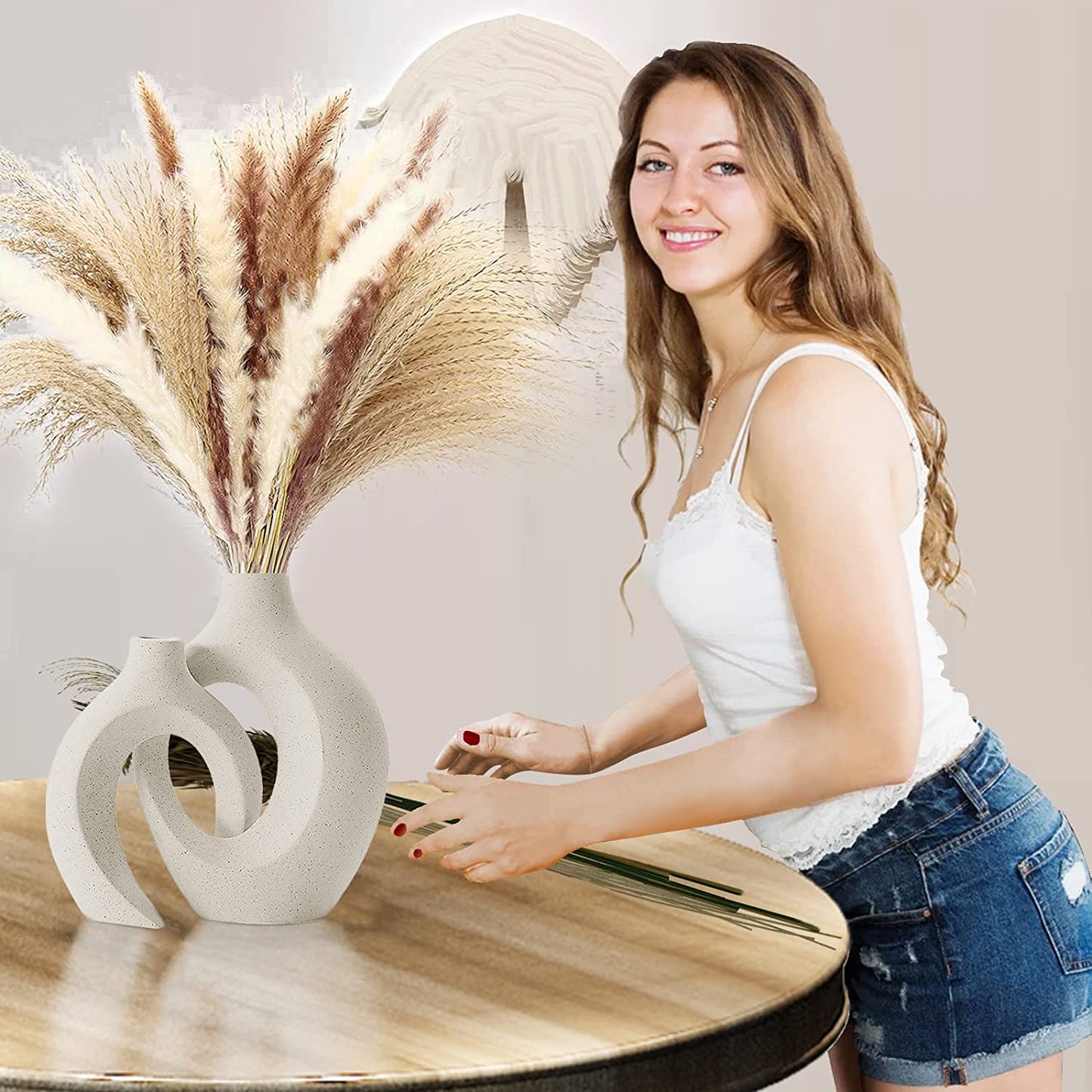 Set of 2 Ceramic Round Vases - Perfect for Pampas Grass and Dry Flowers. These Minimalist Vases add Decorative Elegance to Tables in the Living Room, Bedroom, Dining Room, Office, and more.