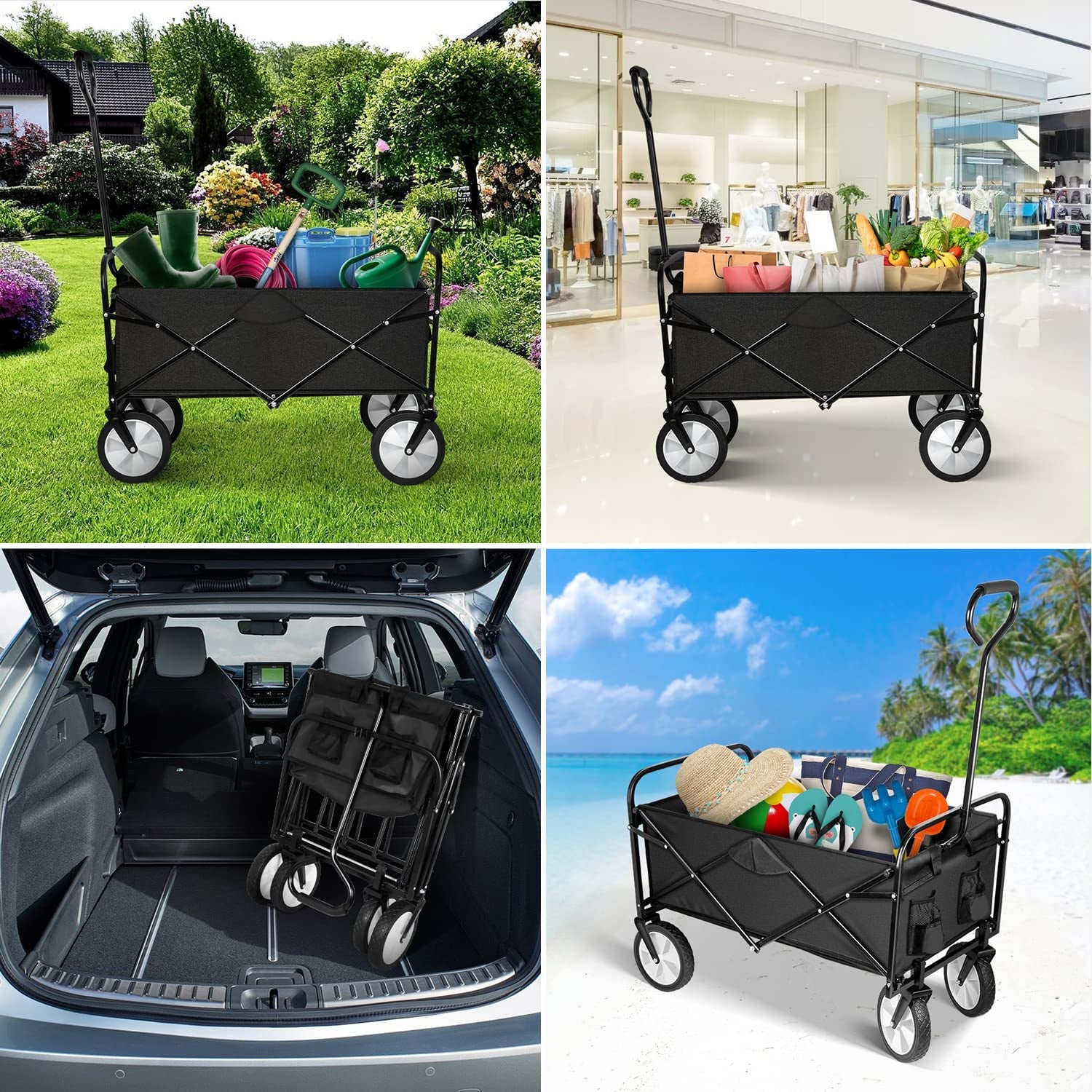 Wagon Rolling Collapsible  360 Swivel Wheels -Garden Cart, Outdoor Camping Folding Wagon Utility, Garden Shopping Cart - Adjustable Handle, 220lbs Weight Capacity -  Black