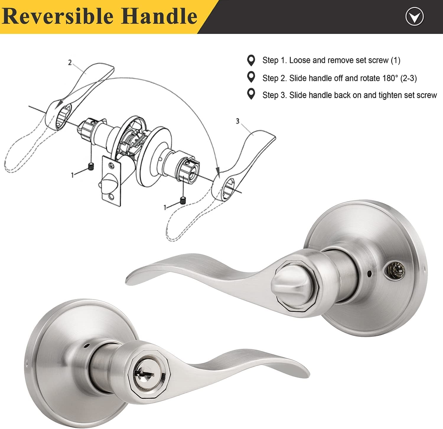 Wave Style Lever Handles for Entrance Door Knobs - Entry Door Locks in a Brushed Nickel Finish.