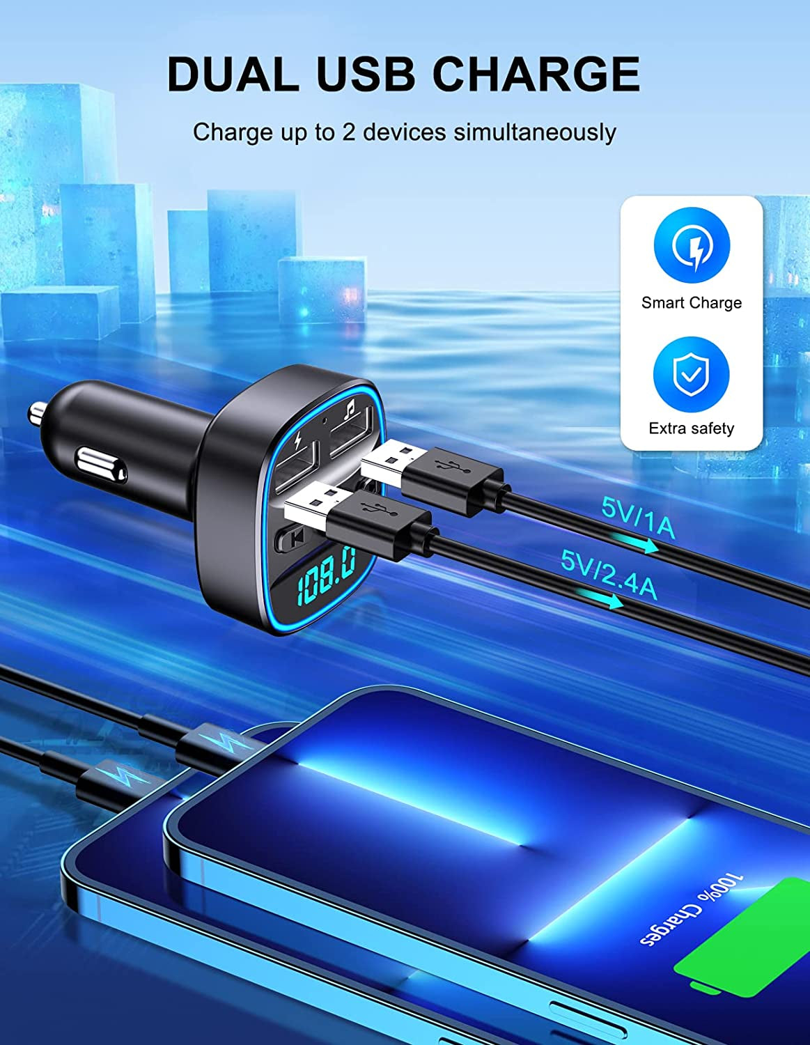 Bluetooth 5.0 FM Transmitter with Ambient Light, Dual USB Ports, Hands-Free Calling, and SD Card/USB U-Disk Support