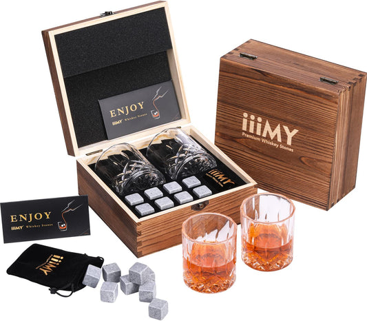 Premium Whiskey Stones and Glasses Gift Set in Handmade Wooden Box - Enhance the Flavor of Your Drinks without Dilution - Set of 2 Whiskey Glasses 