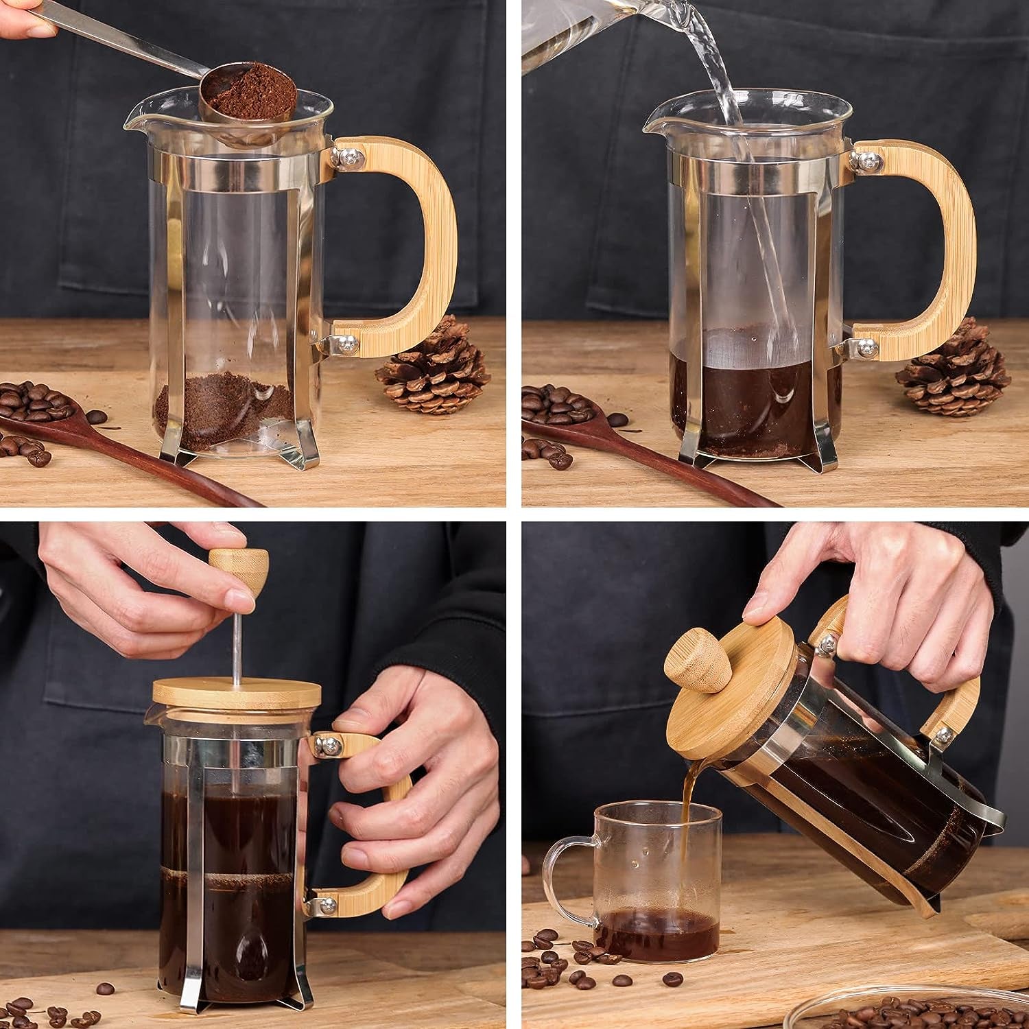 French Press Coffee Maker - 34 oz Capacity - Made from High Borosilicate Glass - Features a Durable Bamboo Handle - Portable Brewer for Coffee and Tea - Generous 1000ml Size.