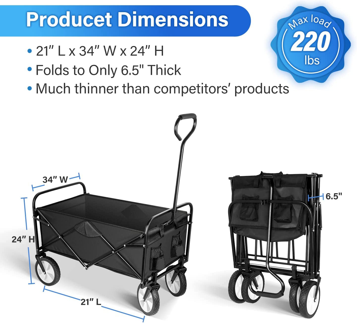 Wagon Rolling Collapsible  360 Swivel Wheels -Garden Cart, Outdoor Camping Folding Wagon Utility, Garden Shopping Cart - Adjustable Handle, 220lbs Weight Capacity -  Black