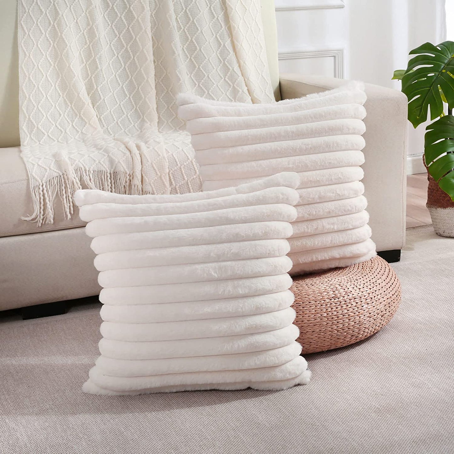 Set of 2 Cream White 20x20 Inch Throw Pillow Covers - Cozy Faux Rabbit Fur Striped Design with Velvet Back for Modern Couch Decor.