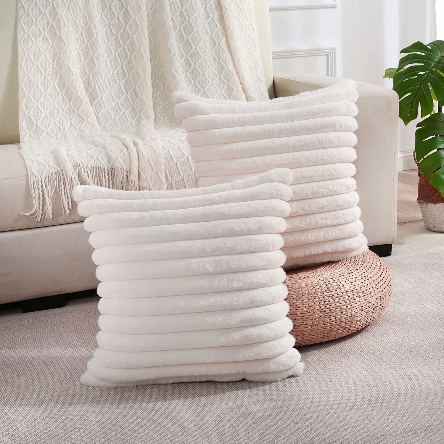 Set of 2 Cream White 20x20 Inch Throw Pillow Covers - Cozy Faux Rabbit Fur Striped Design with Velvet Back for Modern Couch Decor.