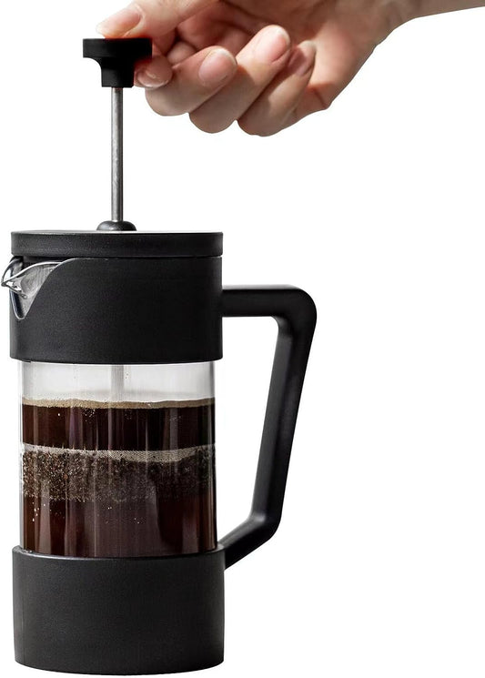 Stainless Steel and High Borosilicate Glass French Press Coffee Maker - Suitable for Both Cold and Hot Coffee - Mini Size Ideal for Home Kitchens, Travel, or Offices - 350ml Capacity - Black Color