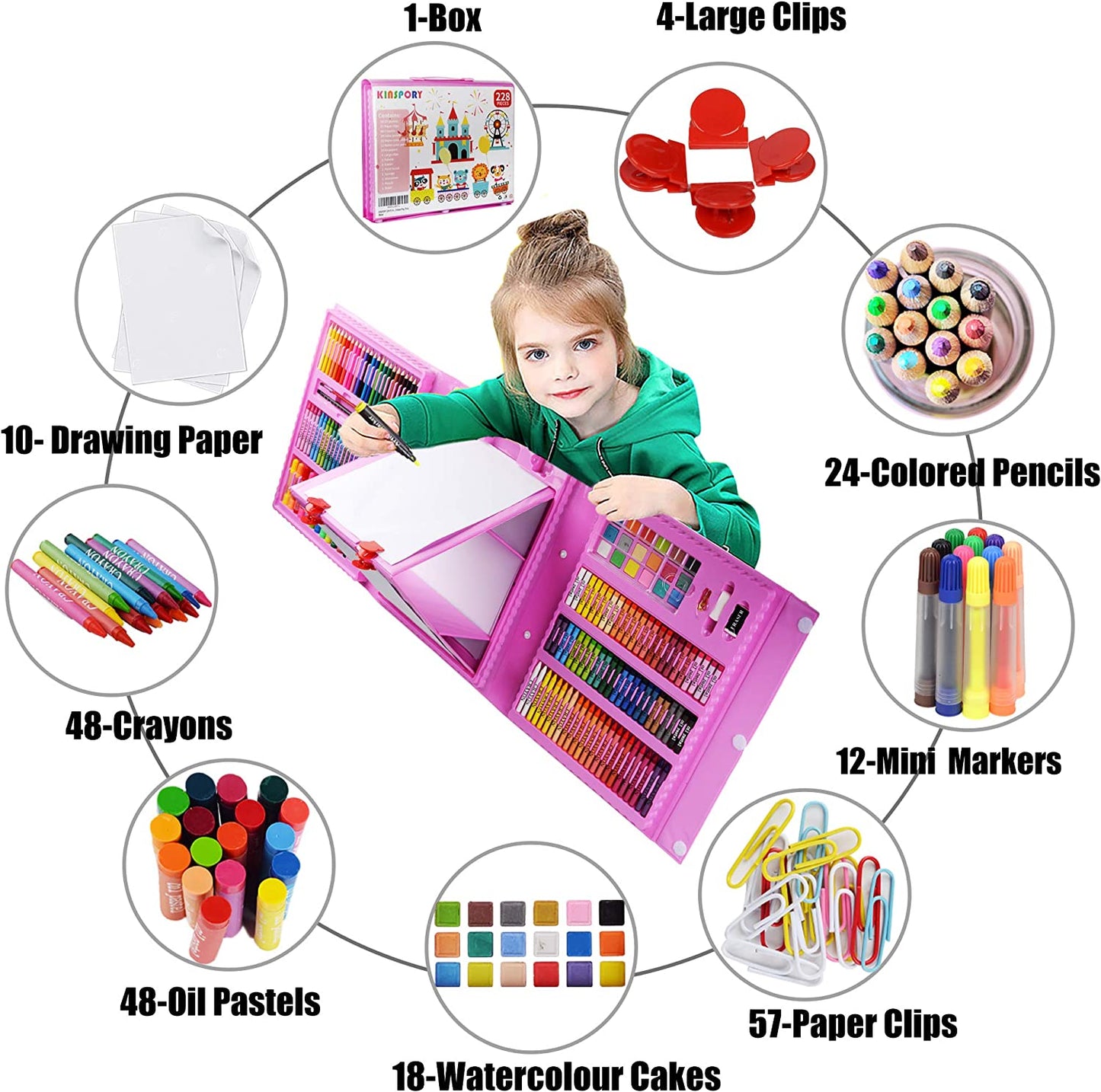 228 Pack Kid's Art Set - Crafts Drawing Coloring kit, Double-Side Trifold Art Easel, Oil Pastels, Crayons, Colored Pencils, Creative Gift for Beginners Artists 