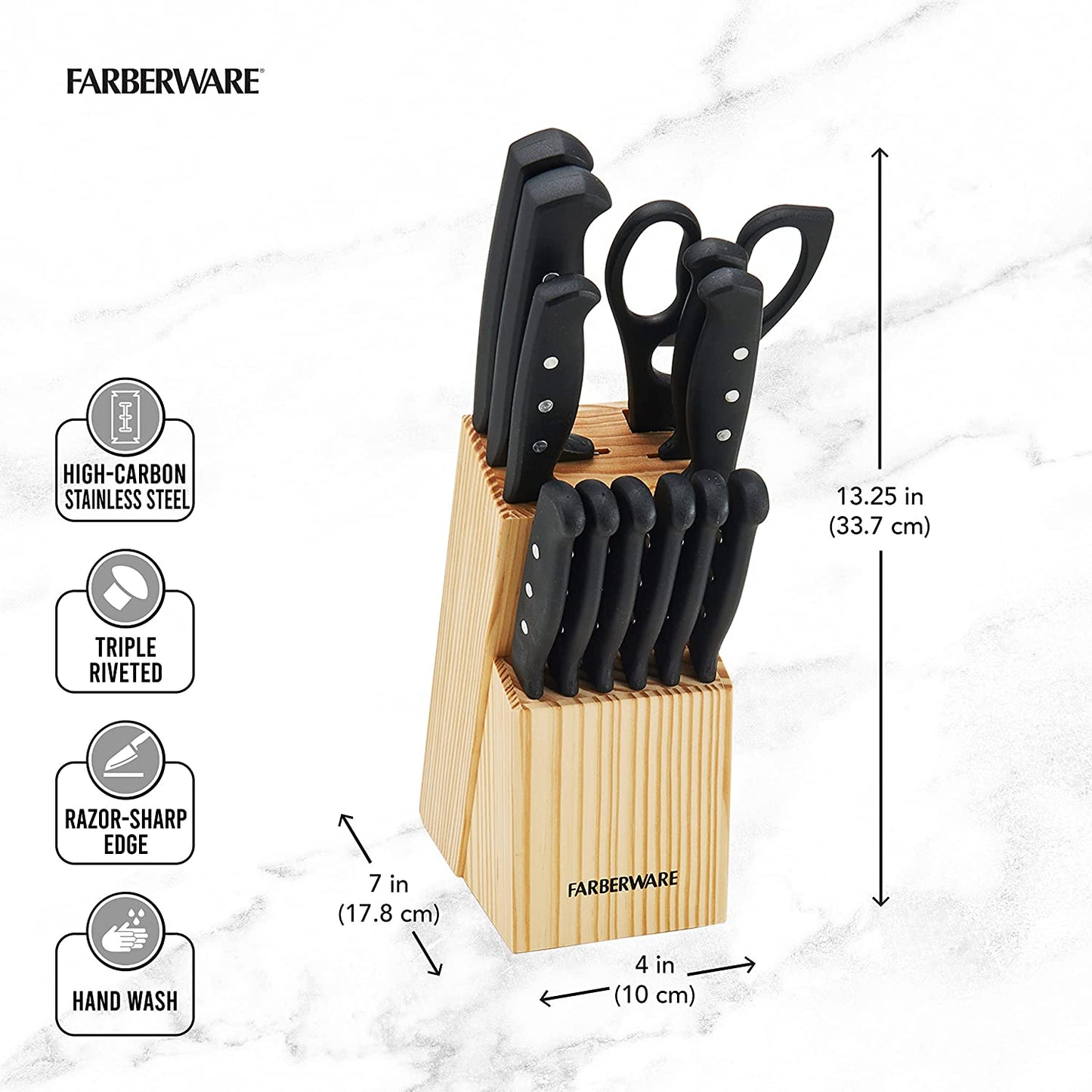 22-Piece Black Knife Block and Kitchen Tool Set: High-Carbon Stainless Steel with Triple Rivet Construction, Never Needs Sharpening.