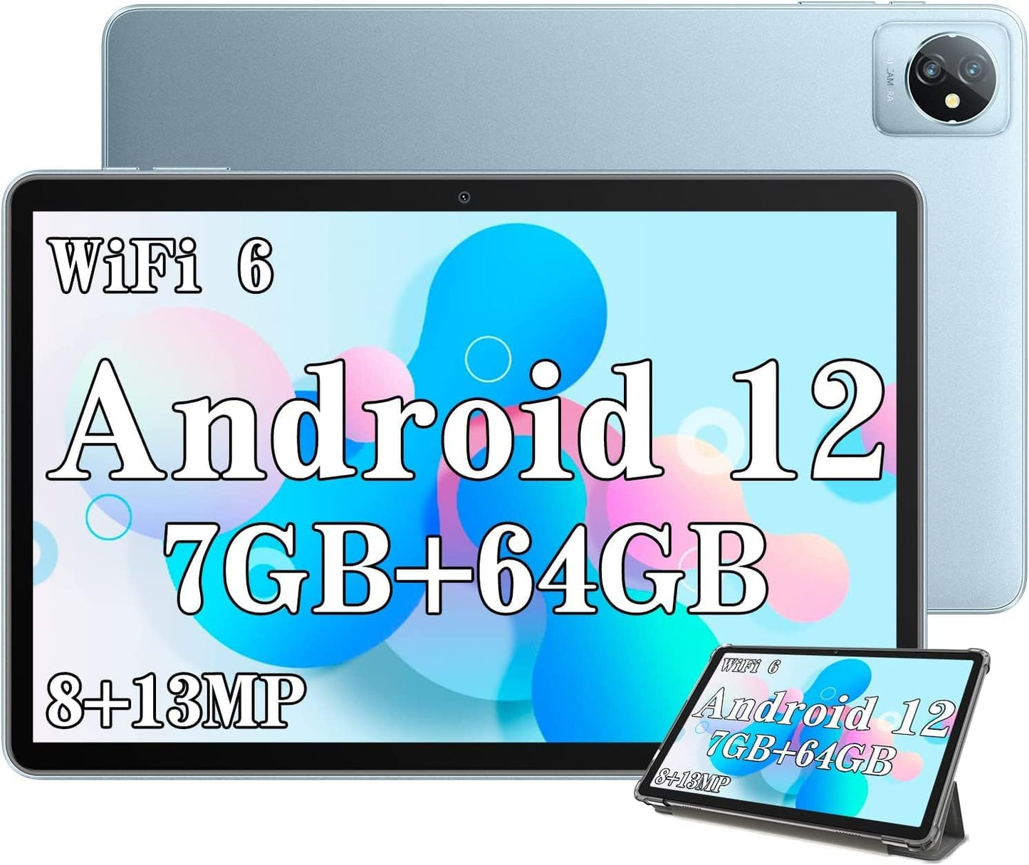 10-Inch Android Tablet - Tab 8 WiFi: 7GB+64GB (Expandable to 1TB via TF Card), 6580mAh Battery, HD+IPS Display, Dual 13MP+8MP Cameras. Designed as an Android 12 Tablet for Kids, Featuring BT5.0, Sturdy Metal Body, Google GMS, and a Stylish Blue Finish.