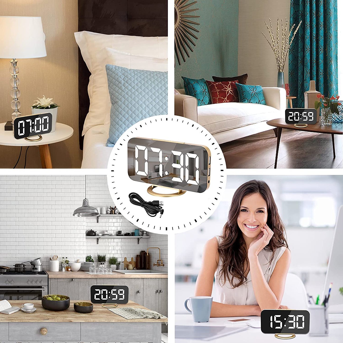 LED Digital Alarm Clock with Large Mirror Display, Dual USB Charger Ports, 3 Levels Brightness, 12/24H Format, Modern Electronic Clock for Bedroom, Home, Living Room, Office - Gold