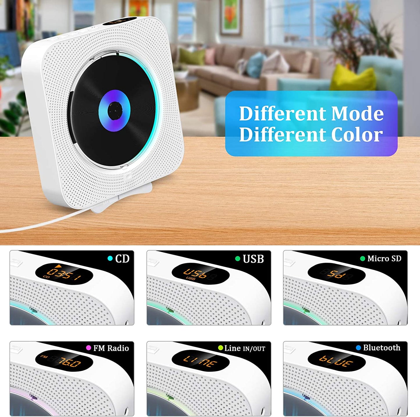 Portable CD Player with Bluetooth - Wall Mountable CD Music Player designed for home audio. Features include a Remote Control, FM Radio, Built-in HiFi Speakers, MP3 Compatibility, Headphone Jack, and AUX Input/Output.