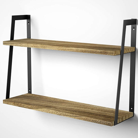 2-Tier Rustic Wood Floating Wall Shelves: Ideal for Bedroom, Bathroom, Living Room, and Kitchen. Available in Carbonized Black.