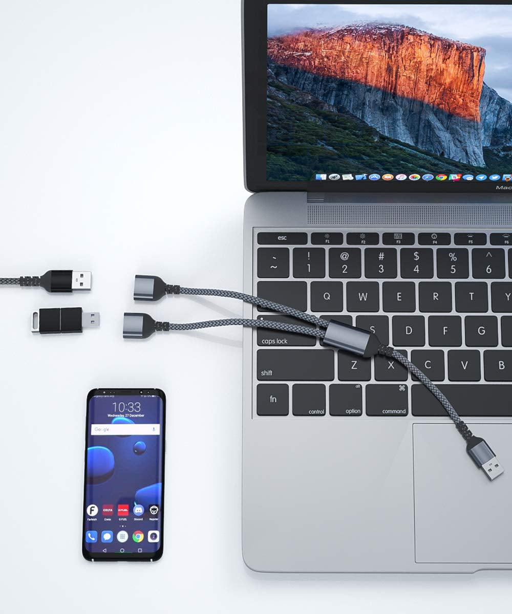 USB Splitter Y Cable 1FT: Features USB A 1 Male to 2 Female Extension with Nylon Braided Cord. It's a Converter and Dual USB Port Extender Hub for Data, Charging, and Power Splitting. Compatible with Mac, Car, Xbox One, PS4, PS5, Laptop, and more.