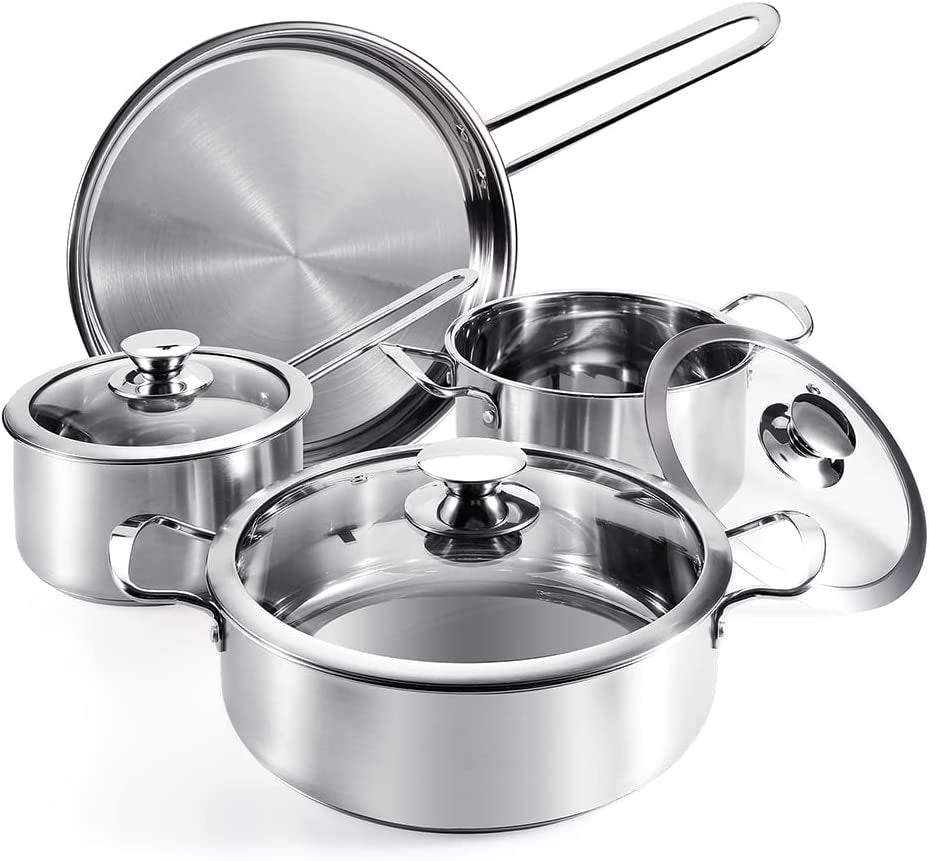 7-Piece Stainless Steel Cookware Set | Premium Heavy-Duty Pots and Pans | High-Quality Clad Pan and Pot Cook Sets | Compatible with All Kitchen Surfaces, Induction, and Oven Safe | Free from PFOA, PTFE, and PFOS