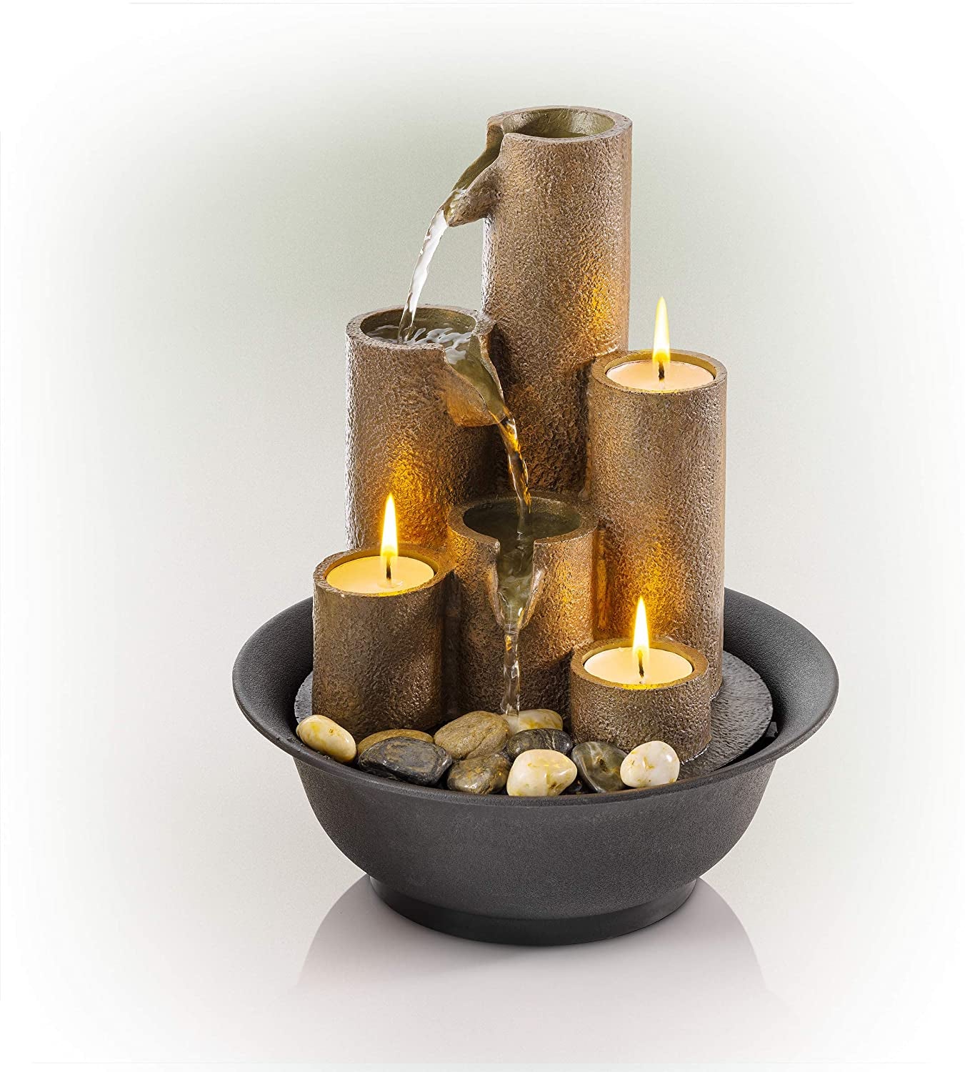 Tiered Column Tabletop Fountain with Three Candles, 11 Inches Tall in Brown