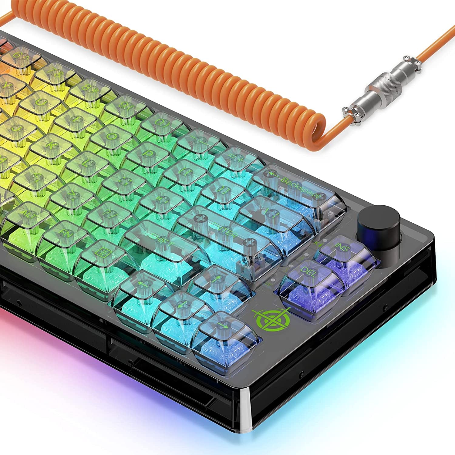 65% Wired Mechanical Gaming Keyboard - Hot-Swap and Programmable, featuring Transparent 66 Key Full Side RGB, OWERTY Linear Ice White Switch, Custom Coiled USB-C Cable, Media Knob, and 2-IN-1 Case. Compatible with Win, PC, and Mac Black