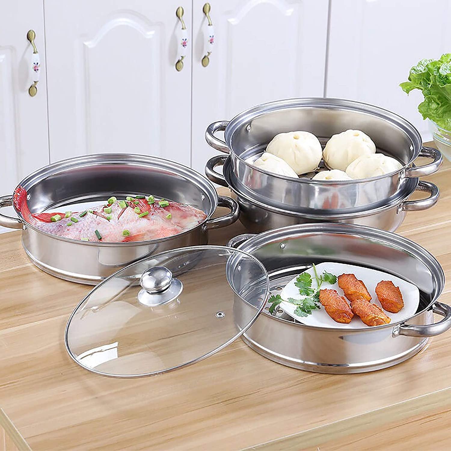 Stainless Steel 2-Tier Steamer Pot - 28cm Steamer Pot with Glass Lid for Cooking Vegetables, Dim Sum, and More. Versatile Cookware and Kitchen Tool for Steaming in the Kitchen.