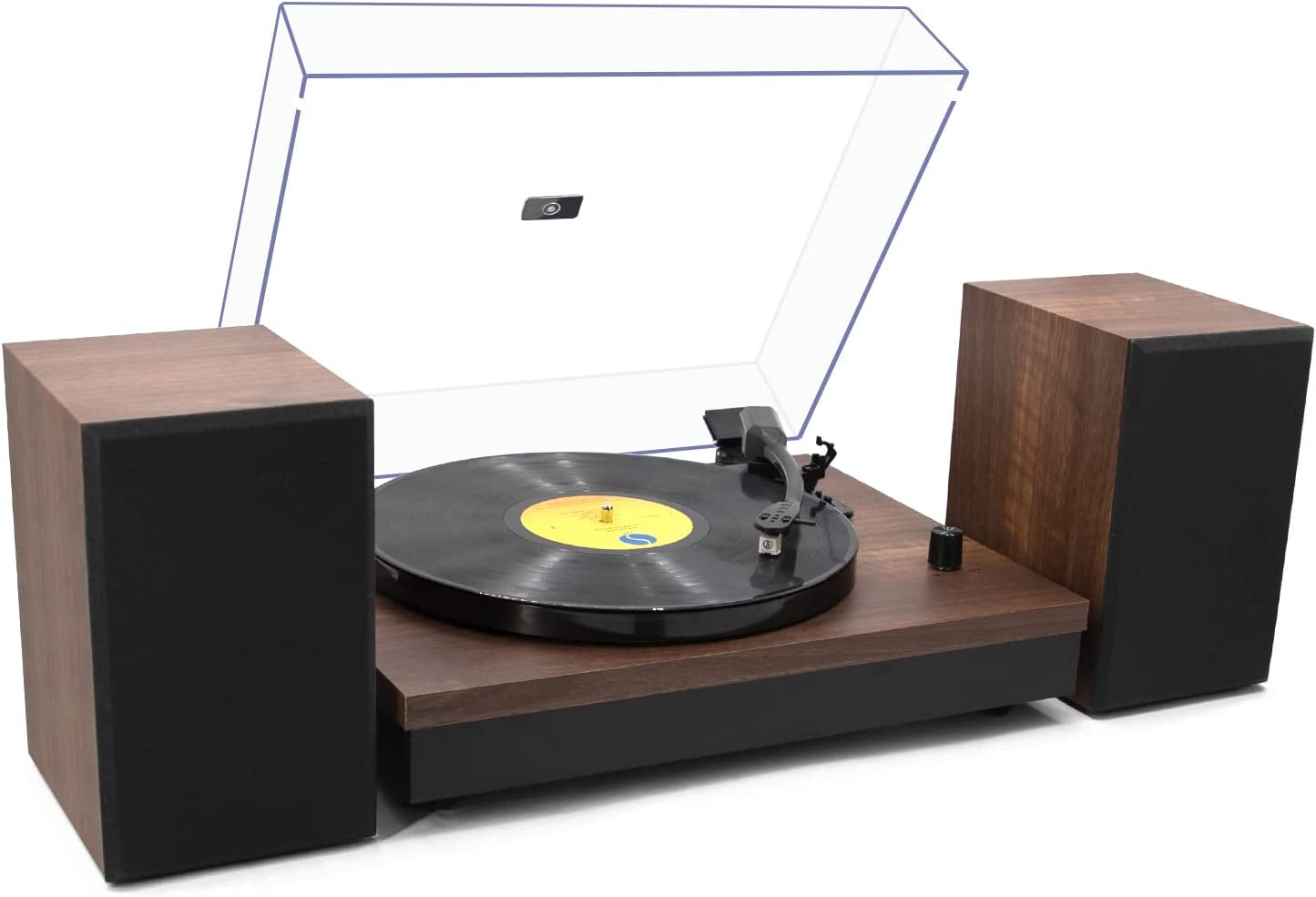 Wireless Turntable HiFi System with Bookshelf Speakers - This 2-Speed Belt-Drive Turntable for Vinyl Records offers Wireless Playback and Auto-Stop feature. It comes in a Walnut finish.